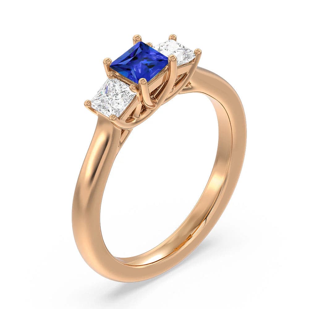 Lab Grown Sapphire & Princess Cut Diamond Three Stone Engagement Ring – Elegant Wedding Band, Anniversary Gift for Her, Perfect for Proposals & Special Occasions