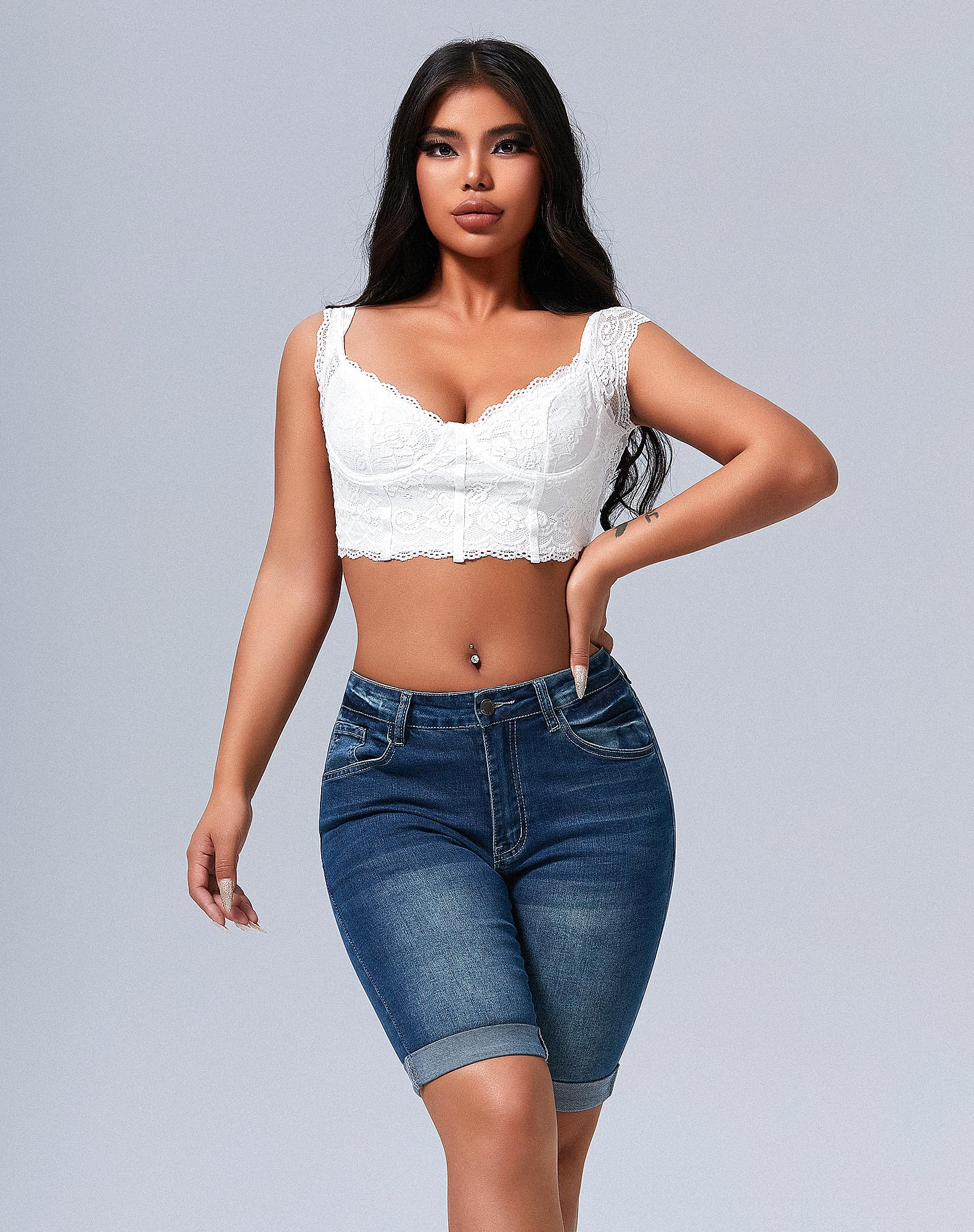 Roswear Women's Mid Rise Roll Cuff Bermuda Stretch Denim Jean Shorts - Comfortable Casual Summer Shorts for Beach, Travel & Everyday Wear