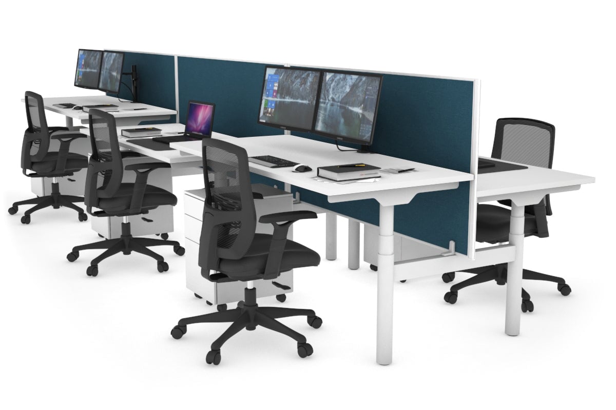 Flexi Premium Height Adjustable 6-Person H Bench Workstation - White Frame [1200L x 700W] - Ideal for Office, Coworking Spaces & Home Offices