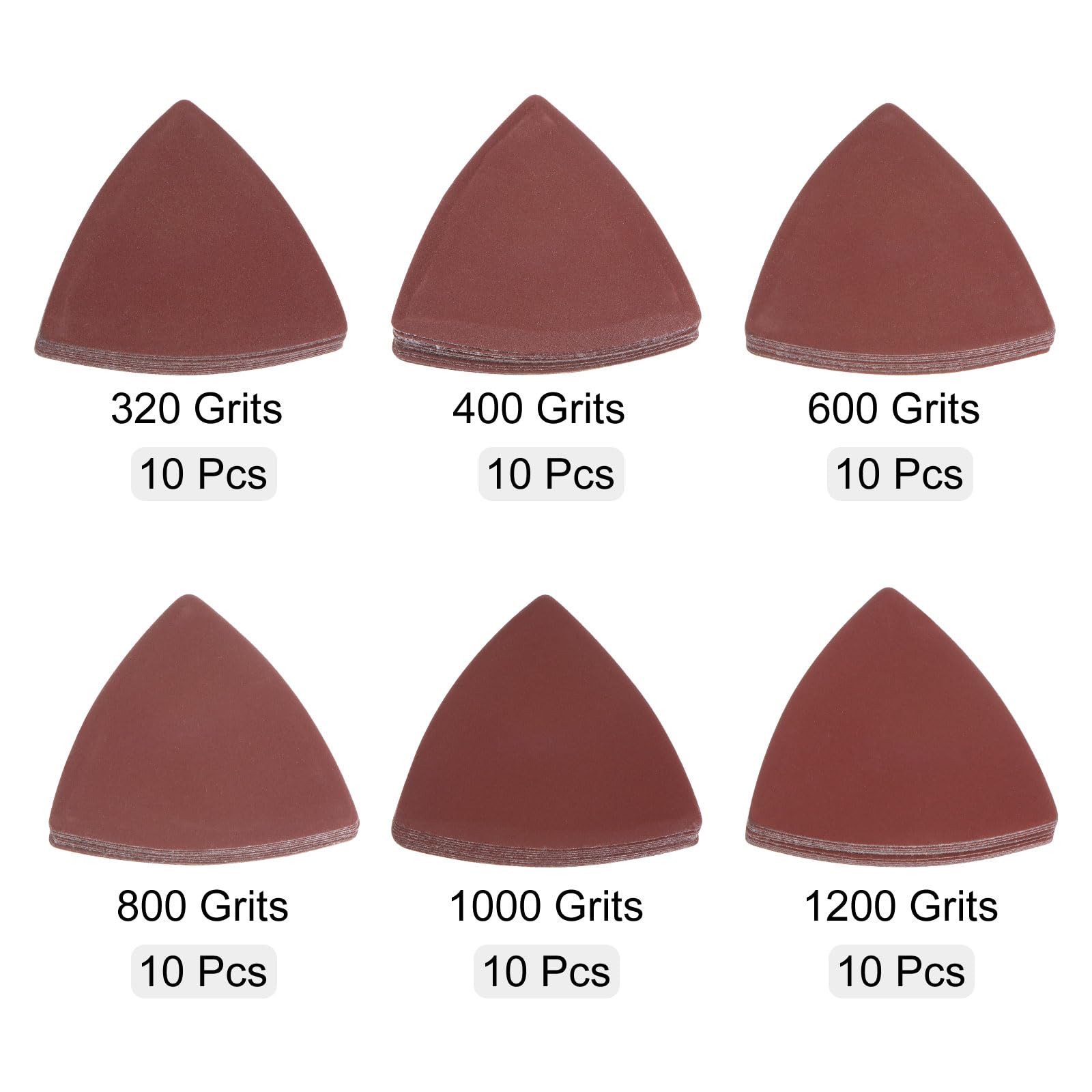HARFINGTON 60pcs Aluminum Oxide Sanding Pads - 320/400/600/800/1000/1200 Grits Triangular Hook & Loop Sandpaper Sheets for Woodworking, Metal Polishing & DIY Projects - Compatible with Detail Sanders & Multitools (10pcs Each Grit)