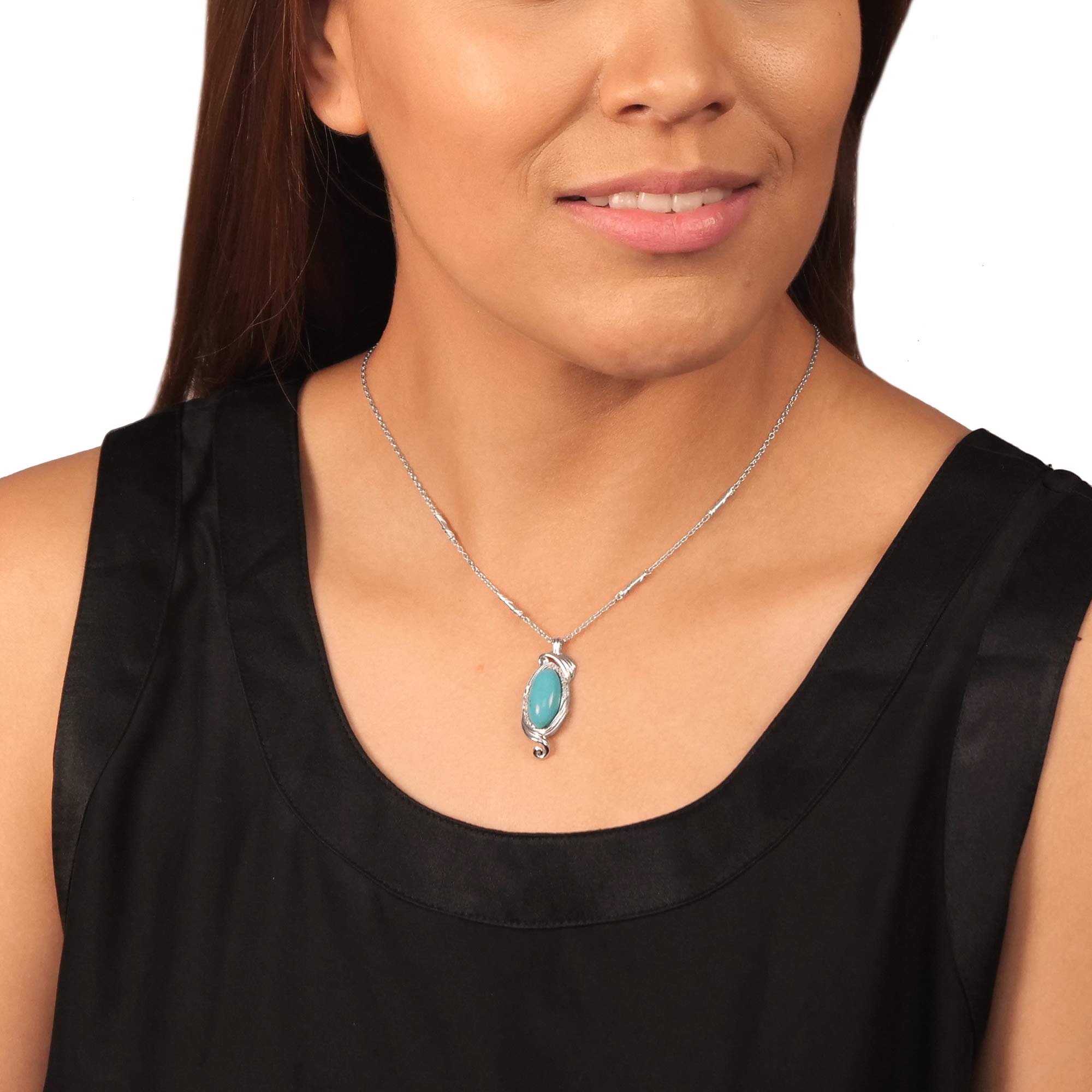 Women's Sterling Silver Elongated Oval Genuine Gemstone Swirl Pendant Necklace | Birthstone Jewelry Gift for Birthday, Wedding & Anniversary | Perfect for Everyday Wear, Date Night & Special Occasions