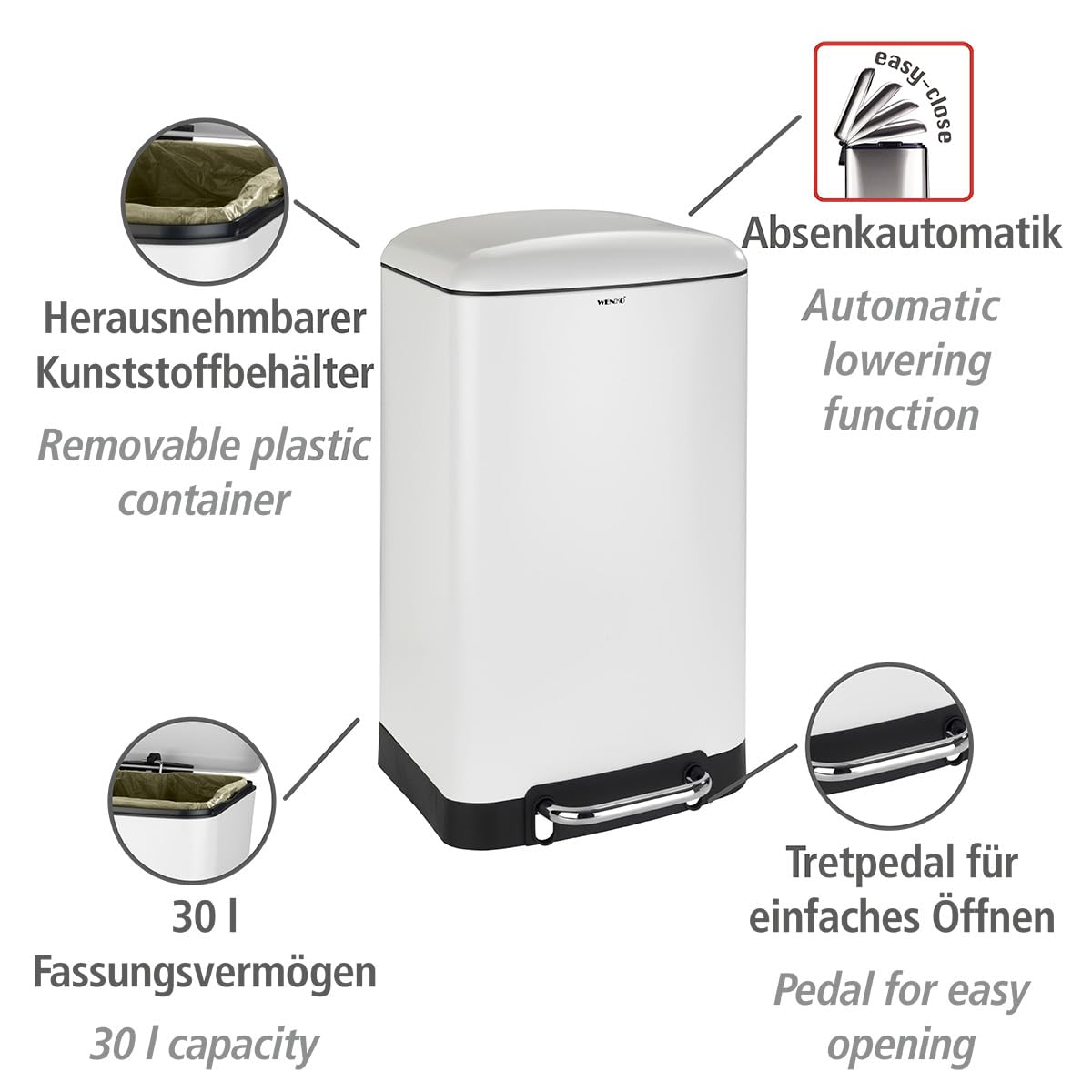 8 Gallon Stainless Steel Trash Can with Foot Pedal - Hands Free Kitchen Garbage Bin with Lid, 13.4x24x12.8 Inch (White) - Perfect for Home, Office, and Restaurant Use