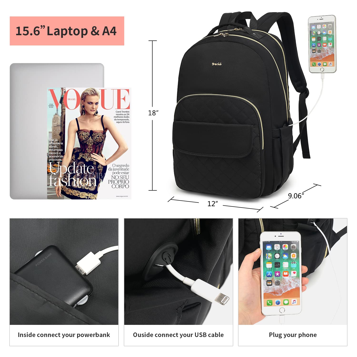 Stylish Women's Laptop Backpack for Work, Travel & School - TSA Friendly College Bookbag for Women & Girls, Perfect for Commuting, Business Trips & Campus Life (Black)