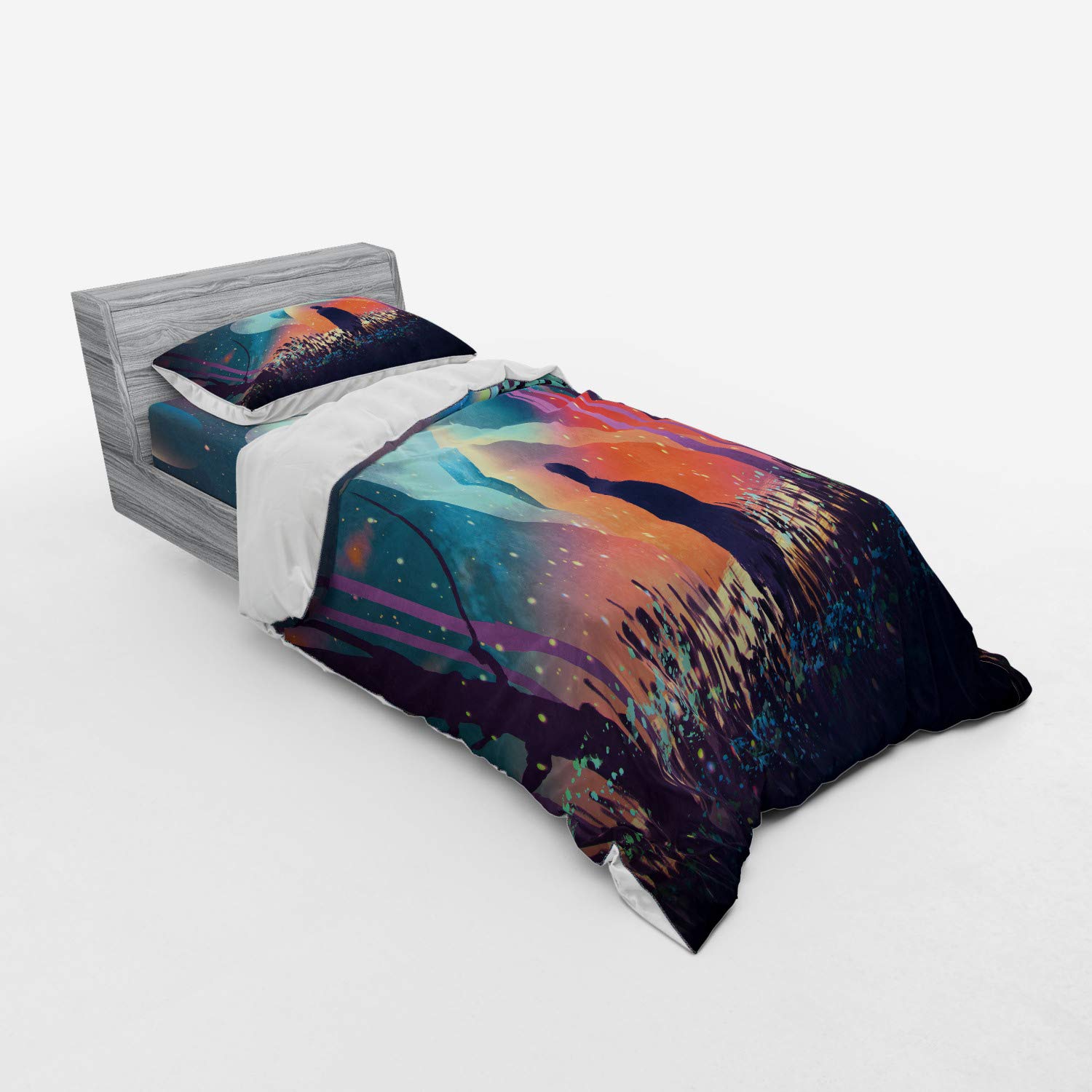 Ambesonne Galaxy Planets Duvet Cover Set - 3 Piece Twin Size Bedding with Sham & Fitted Sheet - Vibrant Space Cosmos Art Design for Modern Bedroom Decor | Perfect for Teens, Adults & Space Theme Lovers
