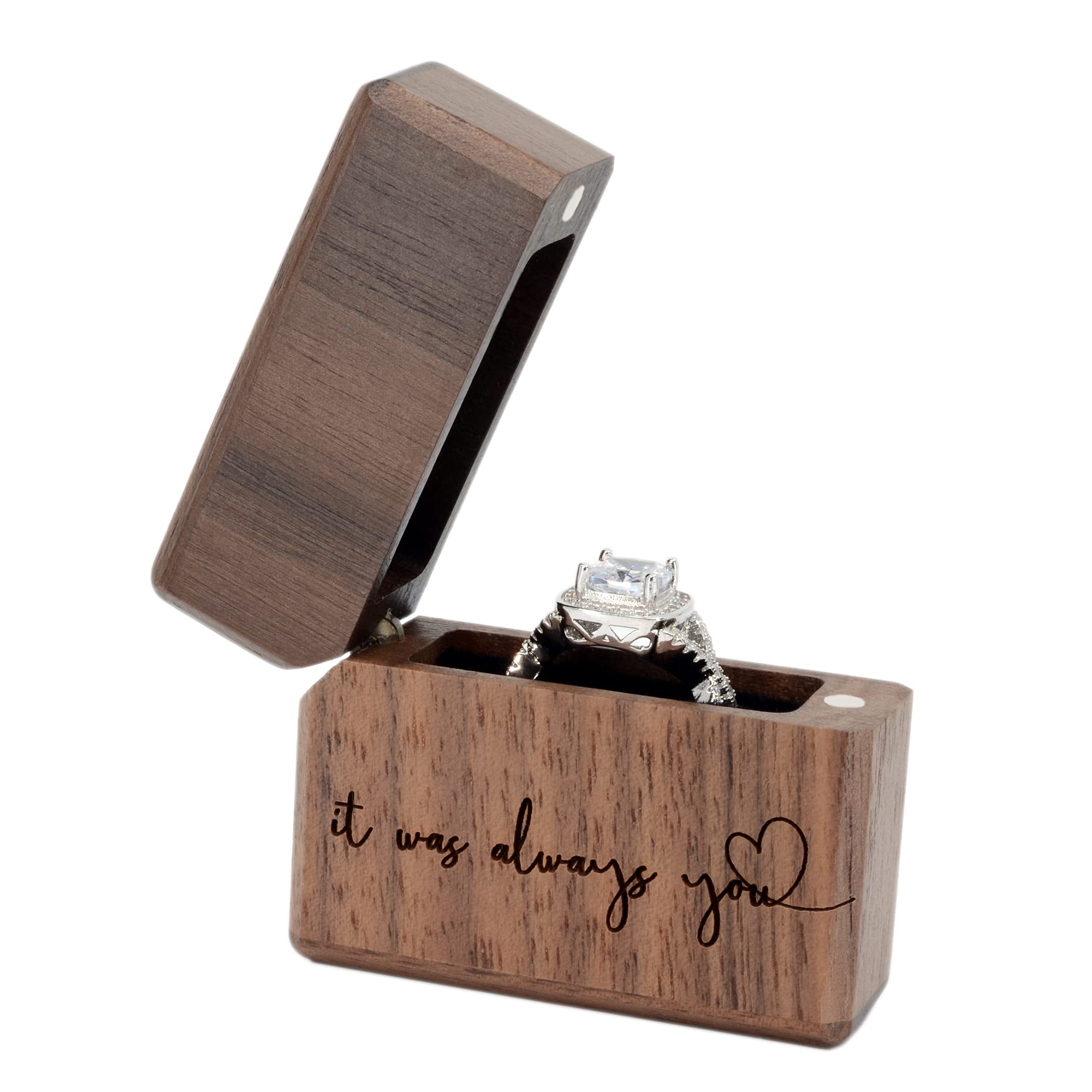 Elegant Walnut Wood Engagement Ring Box - Slim Pocket Size Proposal Ring Holder with 'It Was Always You' Engraving - Perfect for Romantic Surprise Proposals & Wedding Moments