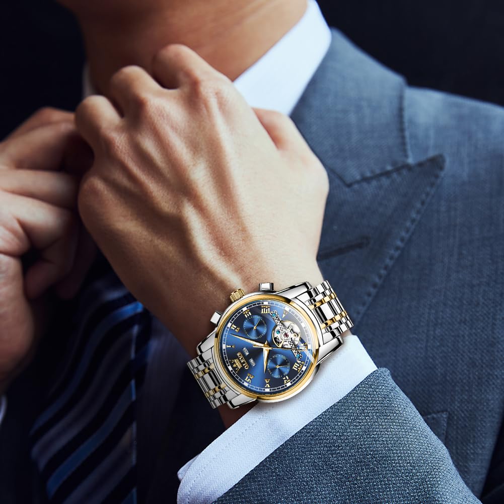 OLEVS Men's Self-Winding Automatic Tourbillon Watch - Luxury Mechanical Dress Watch with Stainless Steel Band, Luminous Hands, Waterproof - Perfect for Business, Formal Events & Gifts