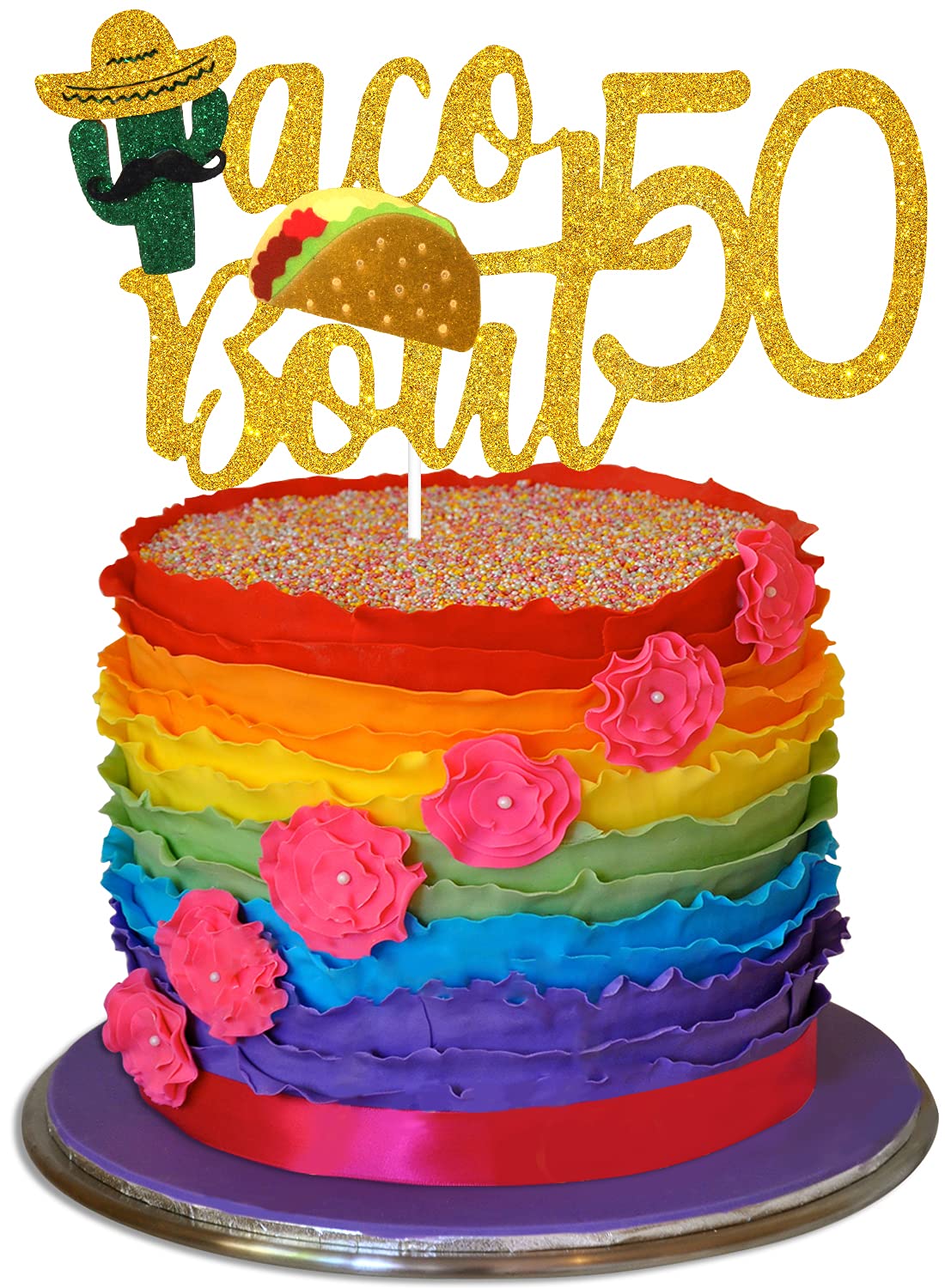 50th Birthday Cake Topper - Glitter Taco & Cactus Decor for Fabulous Fifty Fiesta Party Supplies | Mexican Summer Theme Celebration Decoration | Perfect for Milestone Birthdays, Taco Tuesdays & Themed Parties