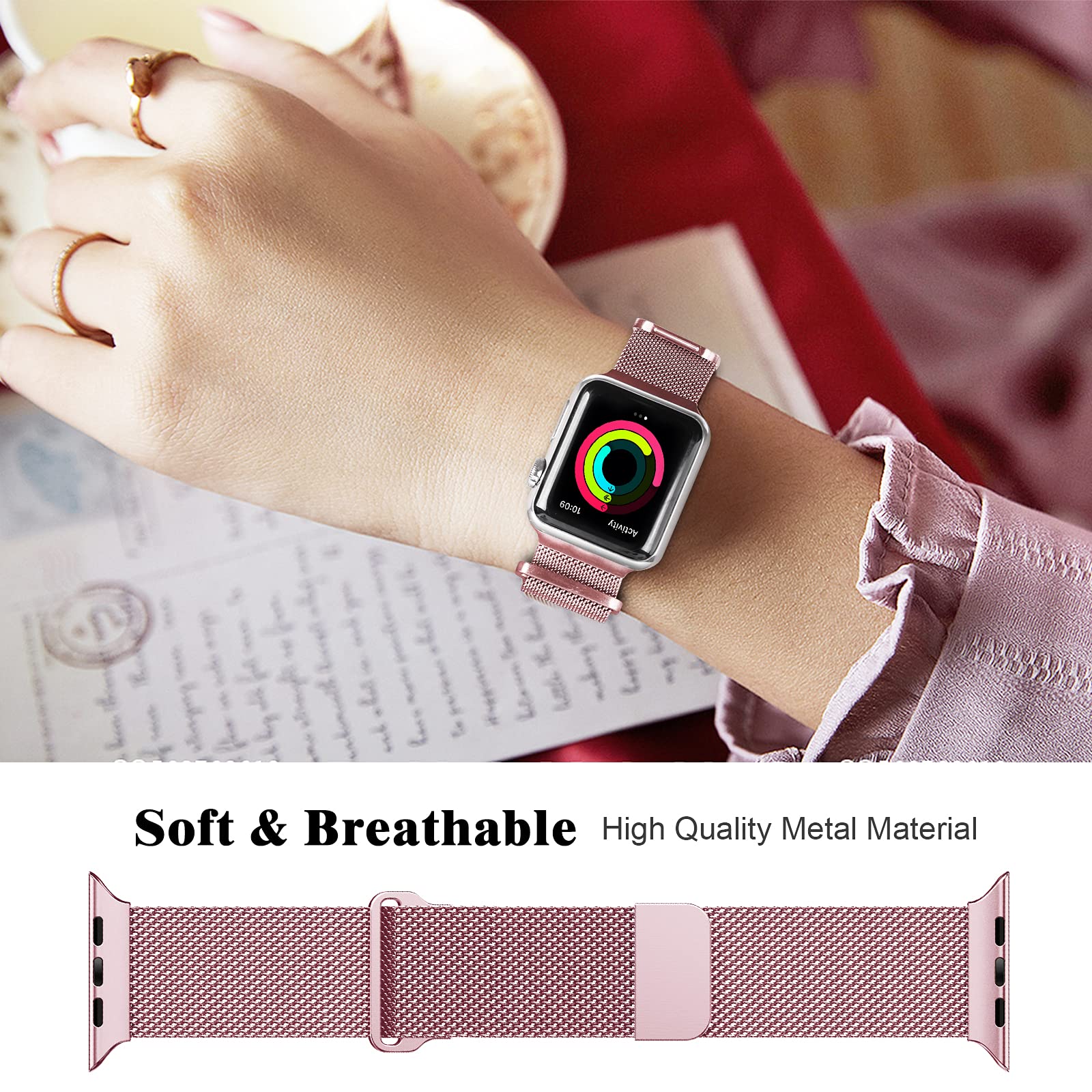 Premium Stainless Steel Magnetic Milanese Loop Band for Apple Watch 42mm/44mm/45mm - Compatible with iWatch Series SE/9/8/7/6/5/4/3/2/1 - Adjustable Luxury Metal Strap for Women & Men (Rose Gold) - Perfect for Workouts, Office Wear & Everyday Fashion Accessory