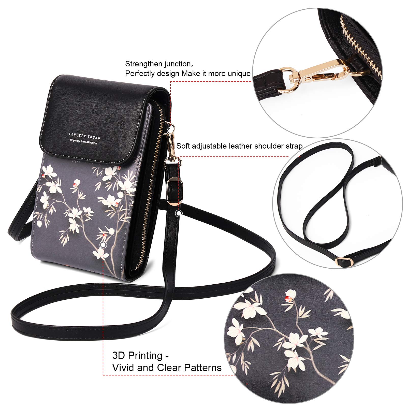 APHISON Women's Leather Crossbody Phone Purse with Butterfly Design - Stylish & Secure Cell Phone Bag for iPhone, Samsung - Perfect for Shopping, Travel & Daily Use