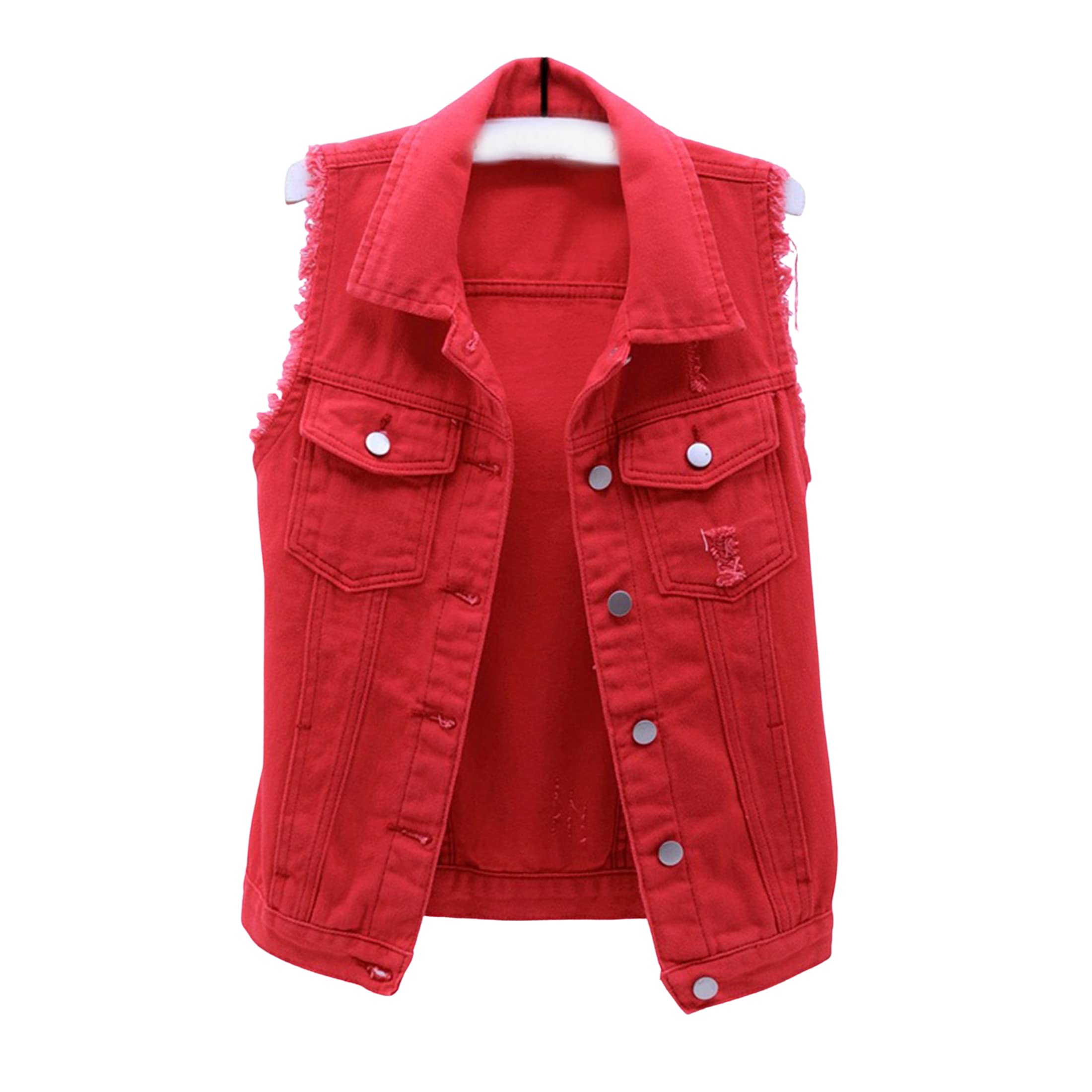 SeekMe Women's Denim Vest - Classic Button Up Jean Jacket with Frayed Hem | Candy Color Sleeveless Denim Jacket for Casual Outfits & Layering
