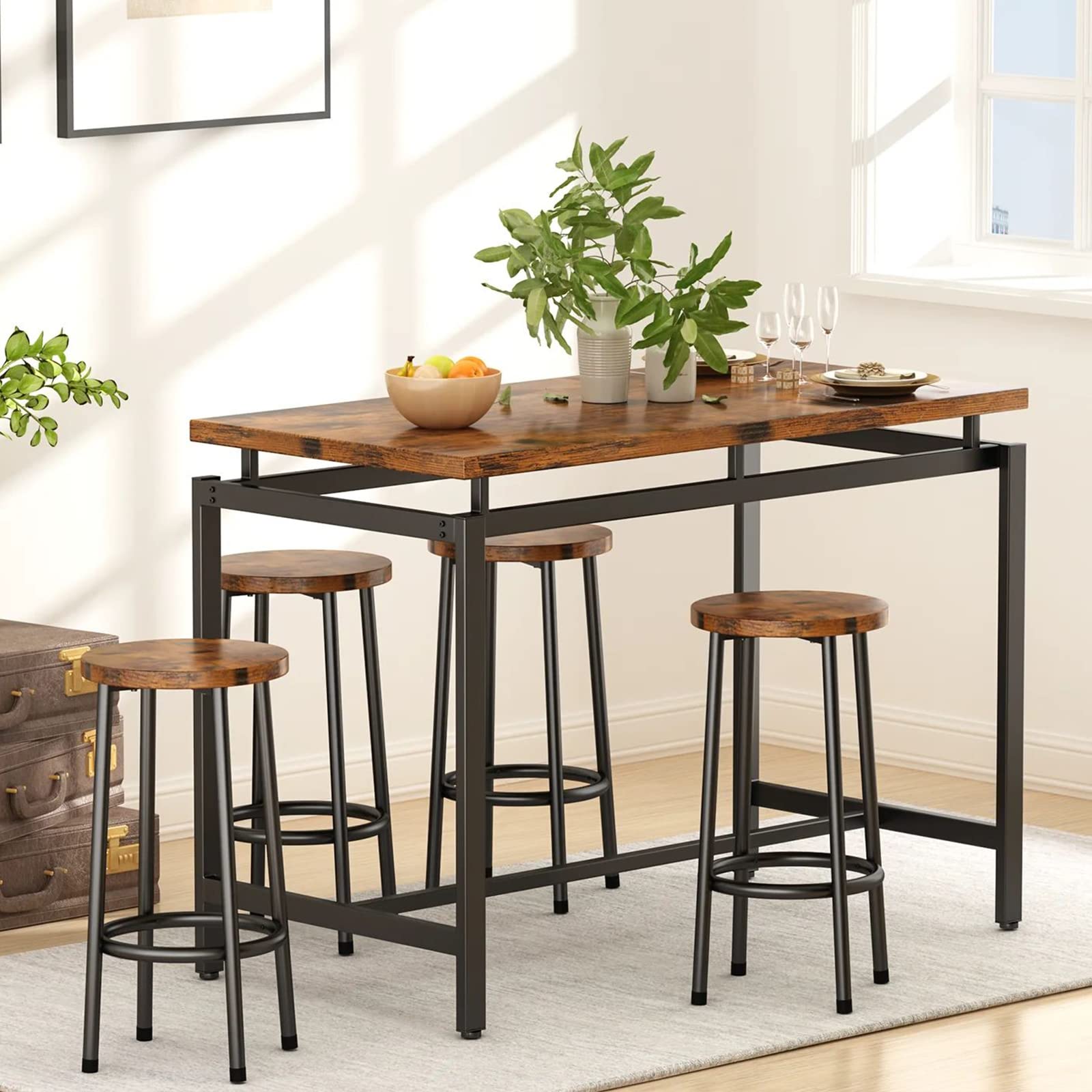 Modern 5-Piece Industrial Bar Height Dining Table Set for 4 - Kitchen & Pub Table with 4 Chairs - Space-Saving Breakfast Nook & Small Apartment Furniture - Perfect for Compact Dining Rooms, Kitchens & Entertainment Areas
