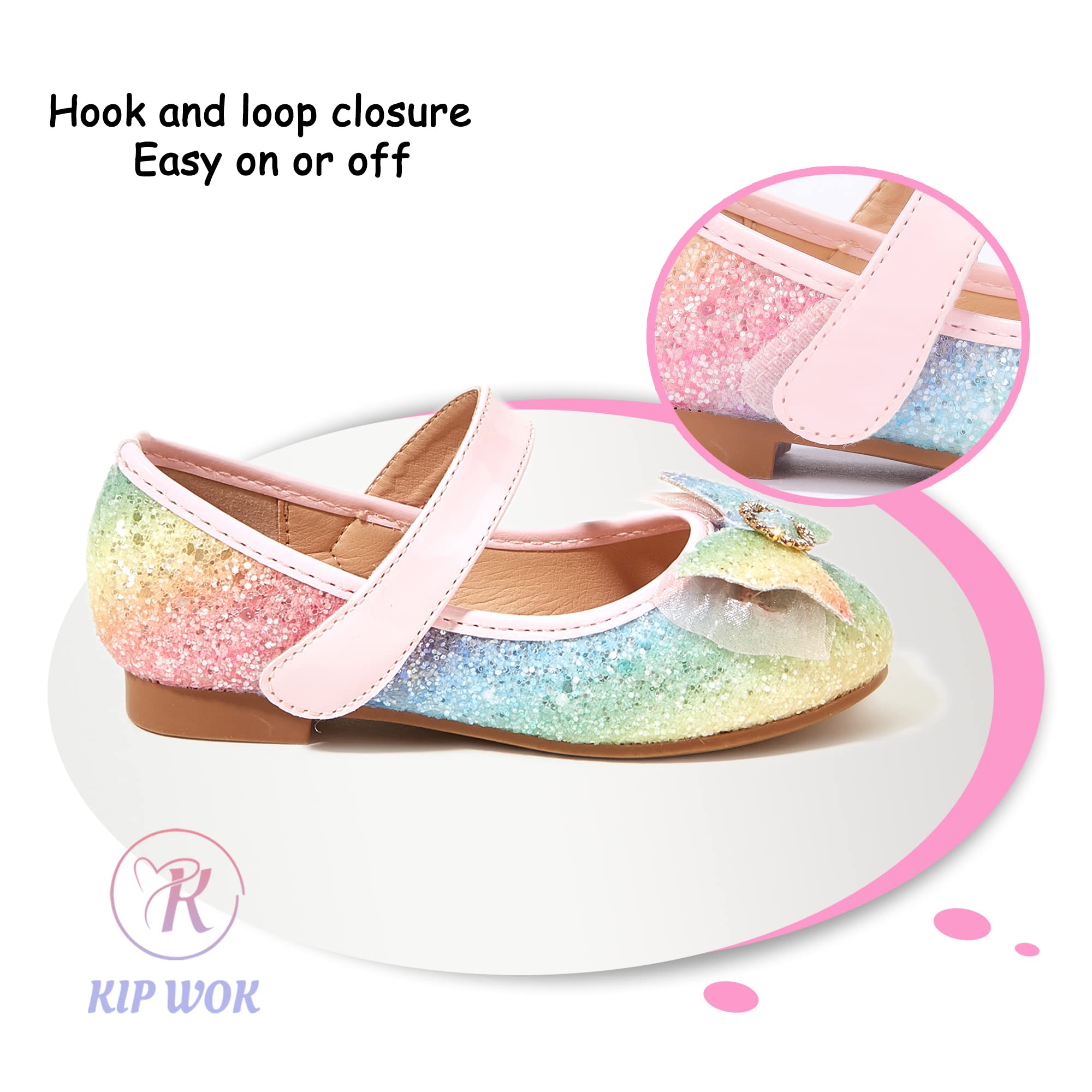 K KIP WOK Toddler Girls Mary Jane Shoes with Glitter & Floral Design - Ballet Flats for Wedding, Party, and Special Occasions