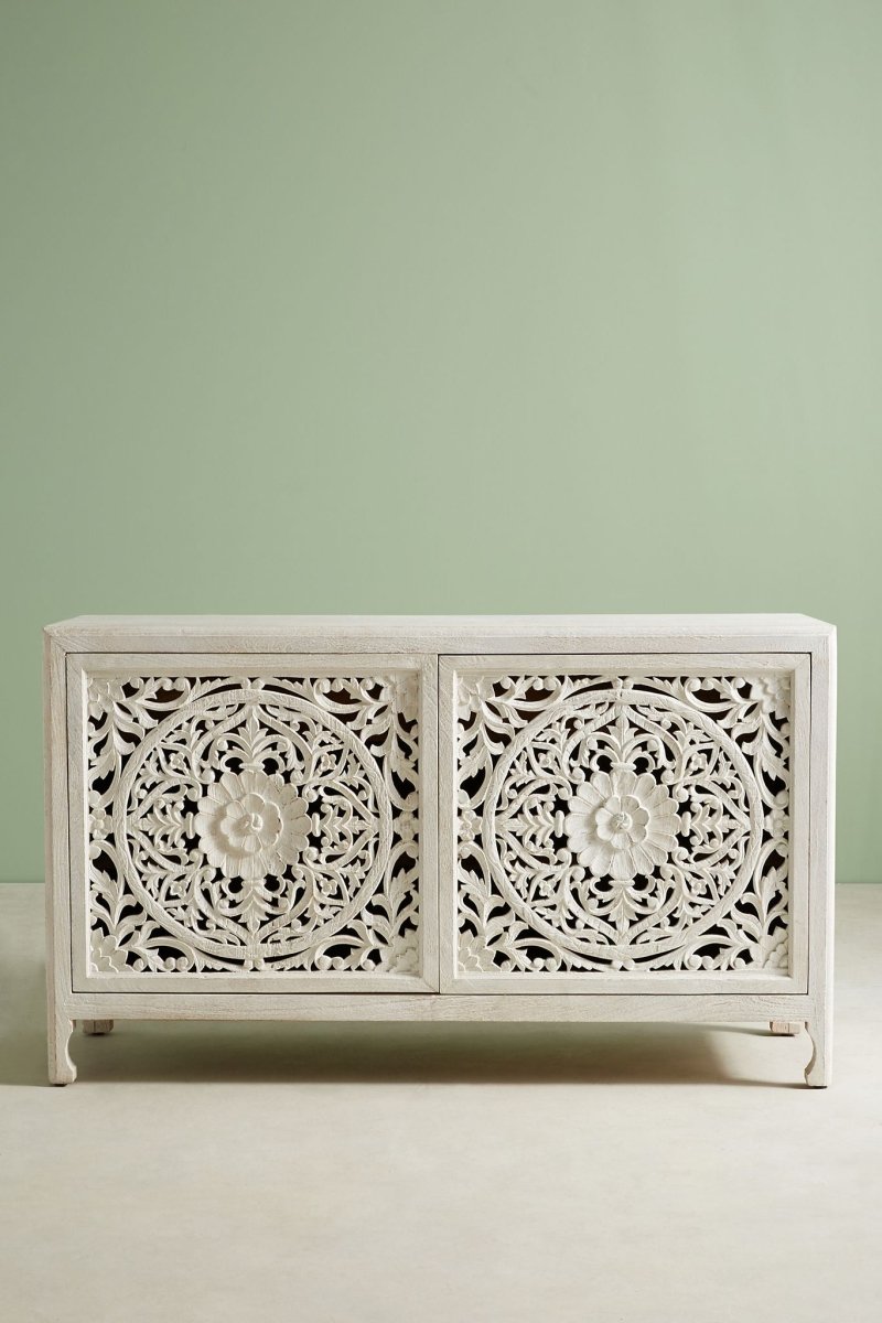 Hand Carved White Lombok Buffet Table - Custom Made Solid Wood Sideboard for Dining Room & Living Room Storage | Elegant Home Decor Furniture