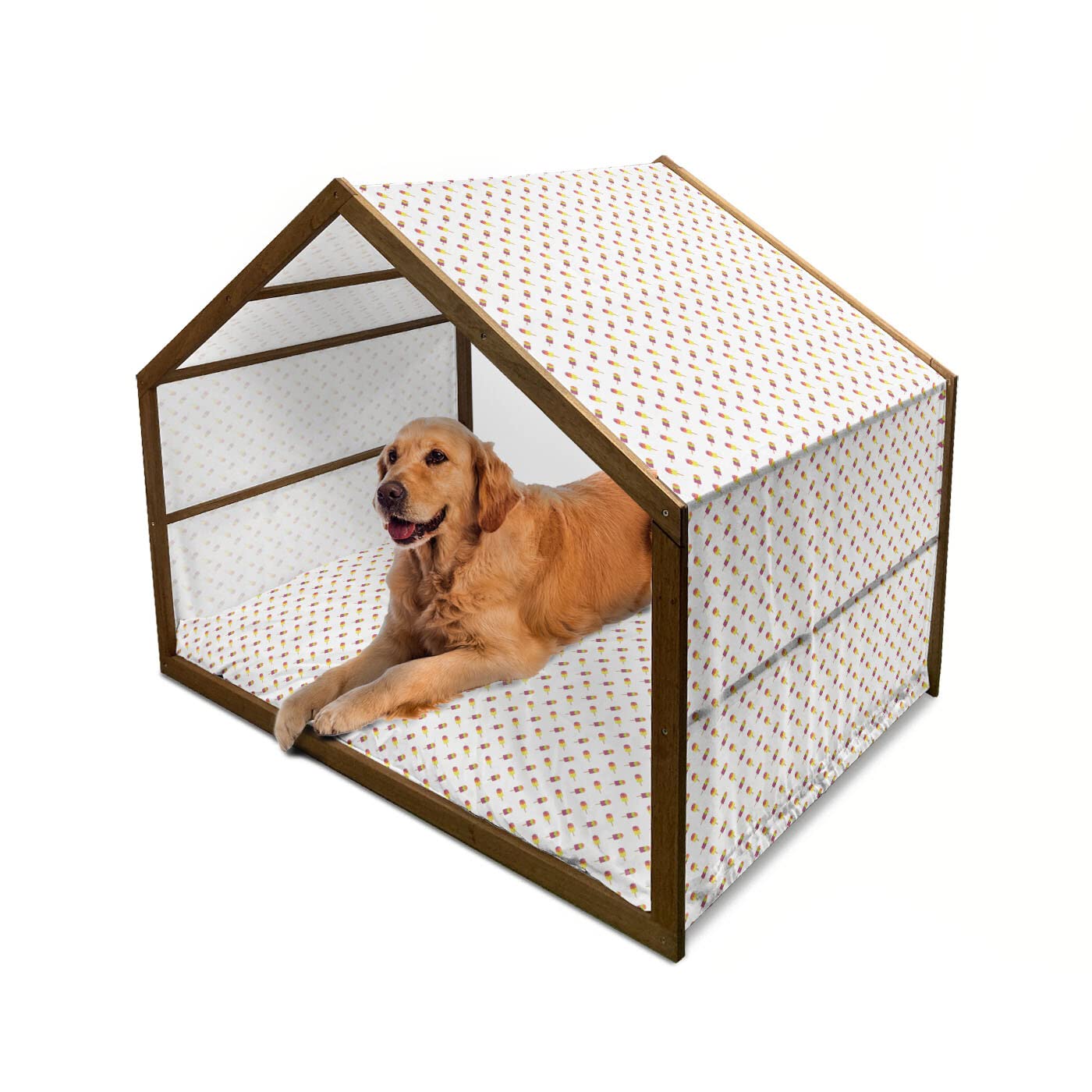 Ambesonne Colorful Ice Cream Pattern Wooden Dog House - Indoor & Outdoor Portable Pet Kennel with Pillow & Cover, X-Large Multicolor - Perfect for Summer Backyard, Patio, or Living Room Pet Shelter