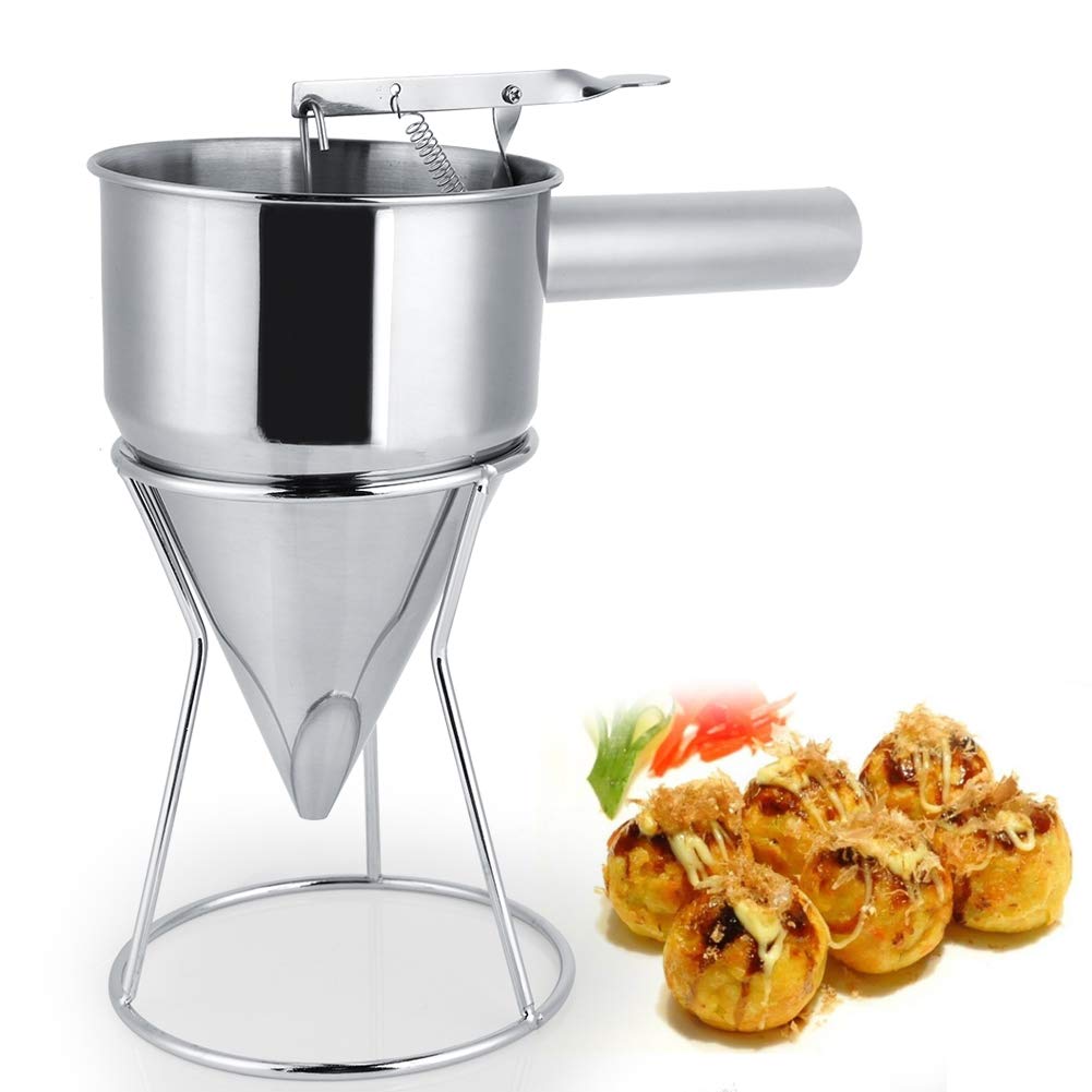Stainless Steel Pancake Batter Dispenser with Stand - Takoyaki Maker, Cupcake & Funnel Cake Batter Mixer - Perfect for Baking, Breakfast & Japanese Snacks - Essential Kitchen Tool for Home Bakers