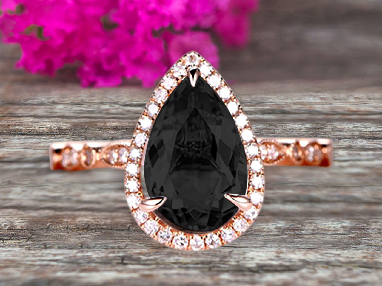 1.50 Carat Pear Shape Black Diamond Moissanite Engagement Ring - Art Deco Wedding Ring in 10k Rose Gold with Halo & Milgrain Design - Perfect for Proposals, Anniversaries & Bridal Jewelry