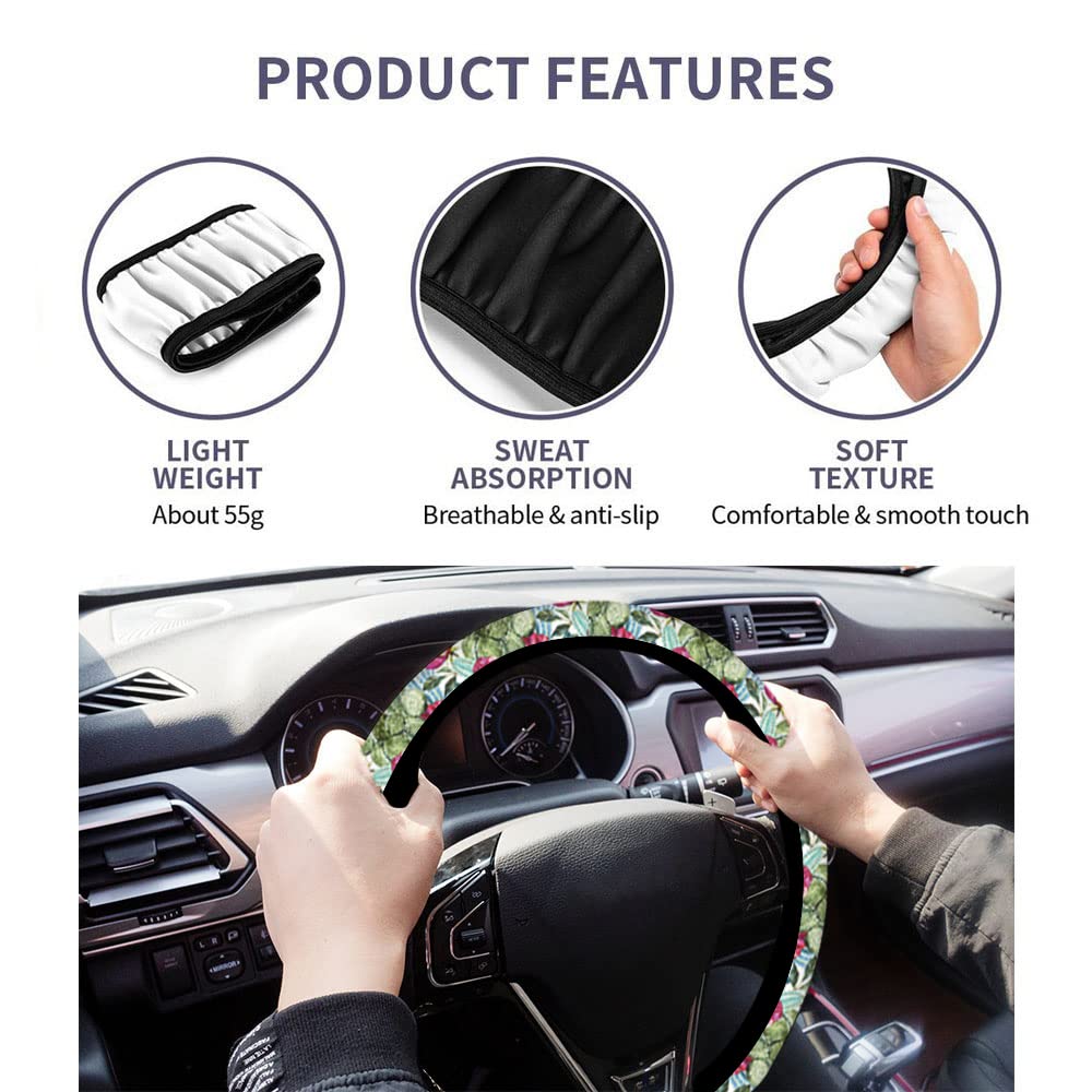 Swono Tropical Flowers Roses and Cactus Steering Wheel Cover - 15 Inch Universal Fit Anti-Slip Fabric Protector for Cars, SUVs, Sedans | Perfect for Summer Road Trips and Beach Getaways