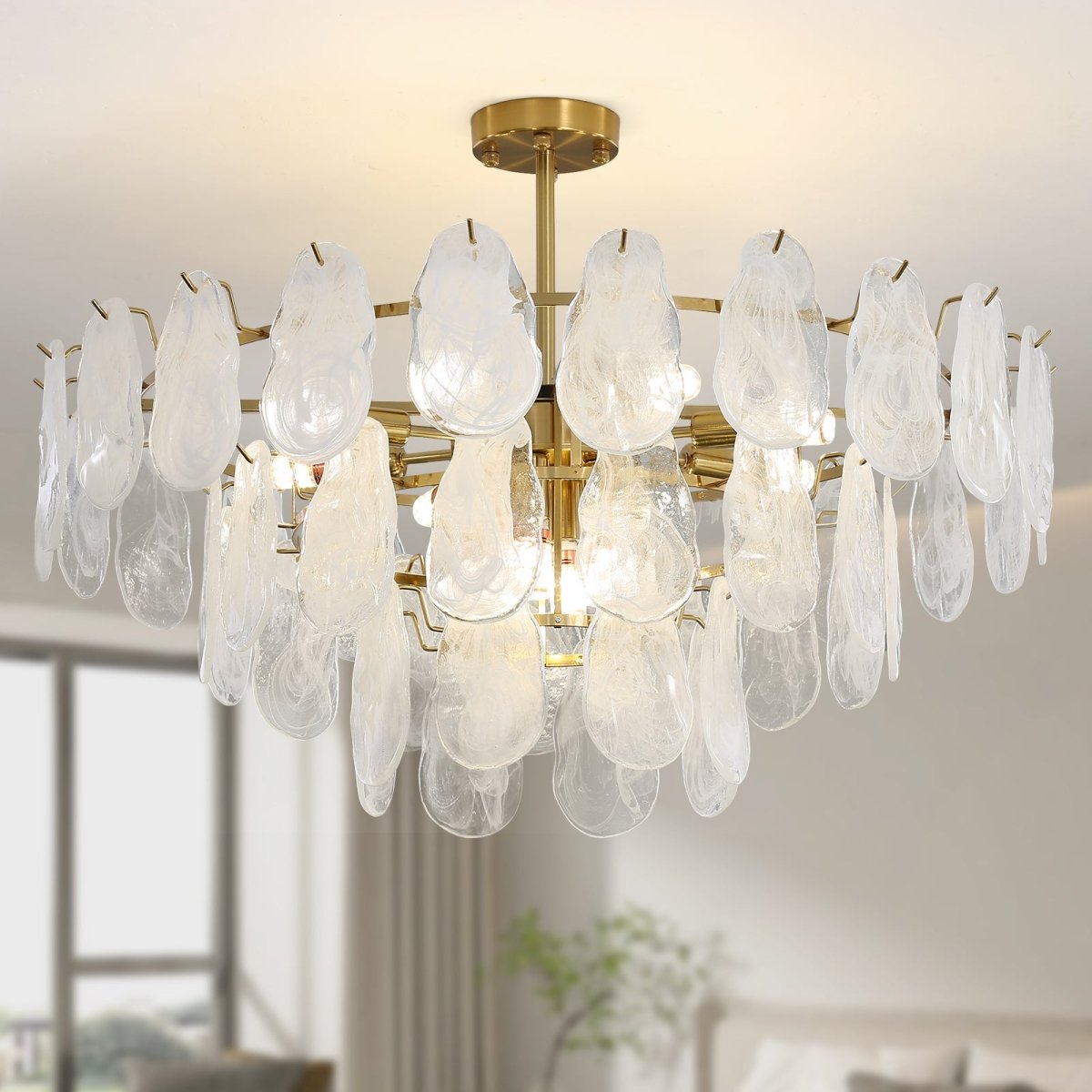 Wansi Shine 12-Light Modern Semi-Flush Mount Crystal Chandelier - 31.5/27.5 Inch Ceiling Light Fixture with 3-Tier Cloud Glass Lampshade & 12 LED Bulbs - Elegant Lighting for Bedroom, Living Room & Dining Room