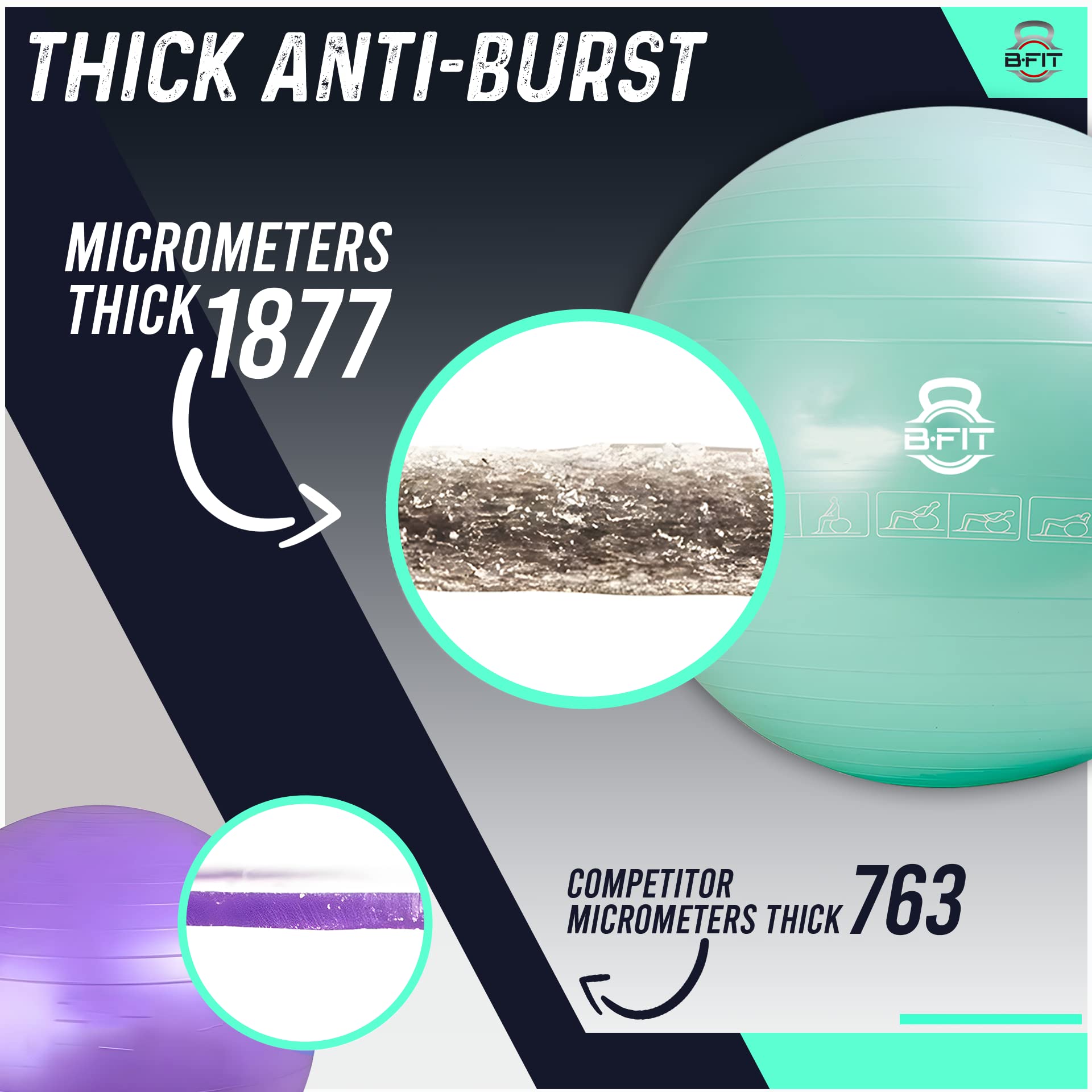 B Fit Anti-Burst Heavy Duty Commercial Gym Ball – 75cm Teal – Professional Exercise & Yoga Ball for Home & Commercial Gyms – Perfect for Fitness, Pilates, Stability Training & Physical Therapy
