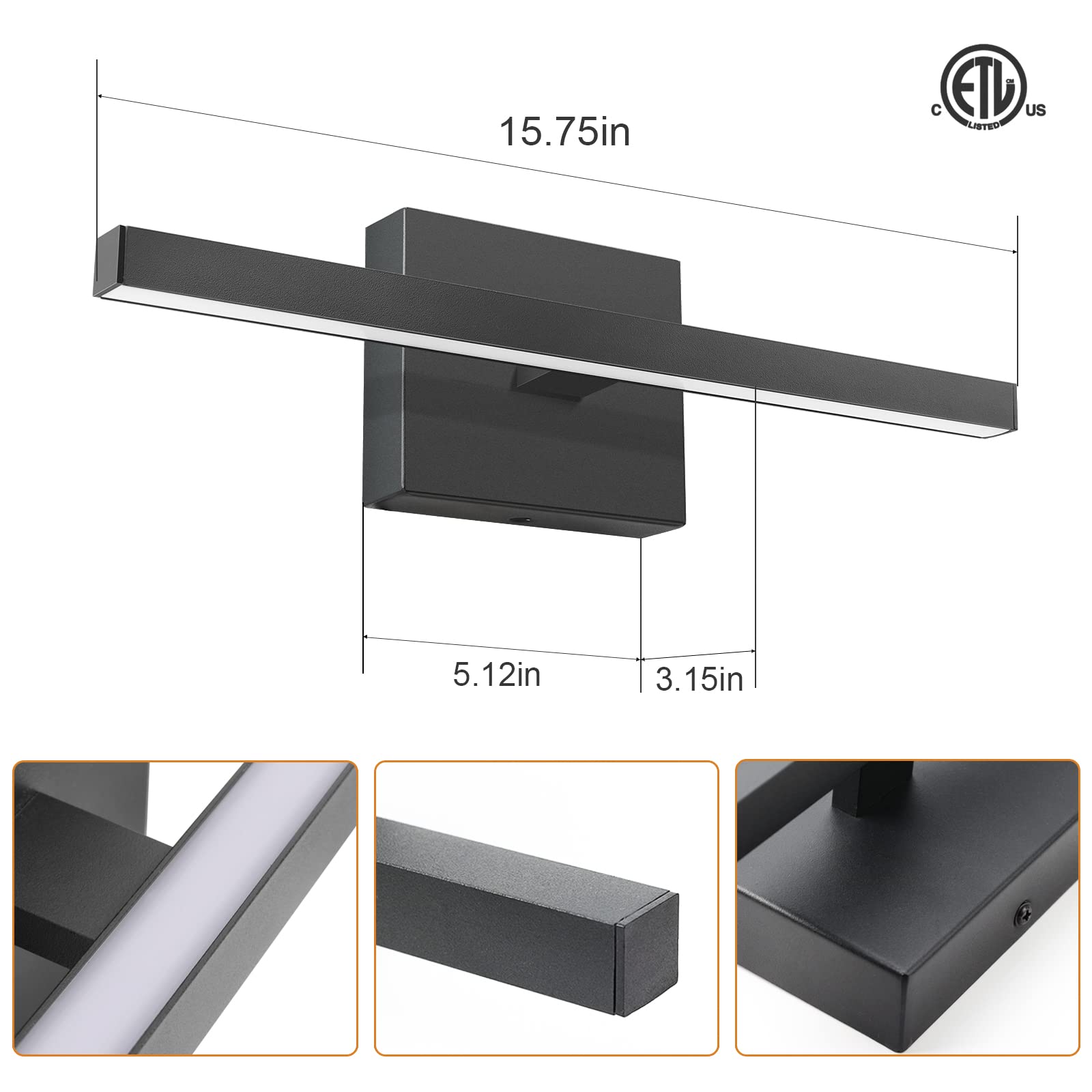 VOLISUN 15.7 Inch Modern Bathroom Vanity Light - 12W Dimmable 5CCT LED Light Fixture for Mirror, Black Bar Vanity Lighting for Bathroom, Bedroom & Mirror Cabinets - ETL Certified - Perfect for Modern Home Decor & Spa-Like Ambiance