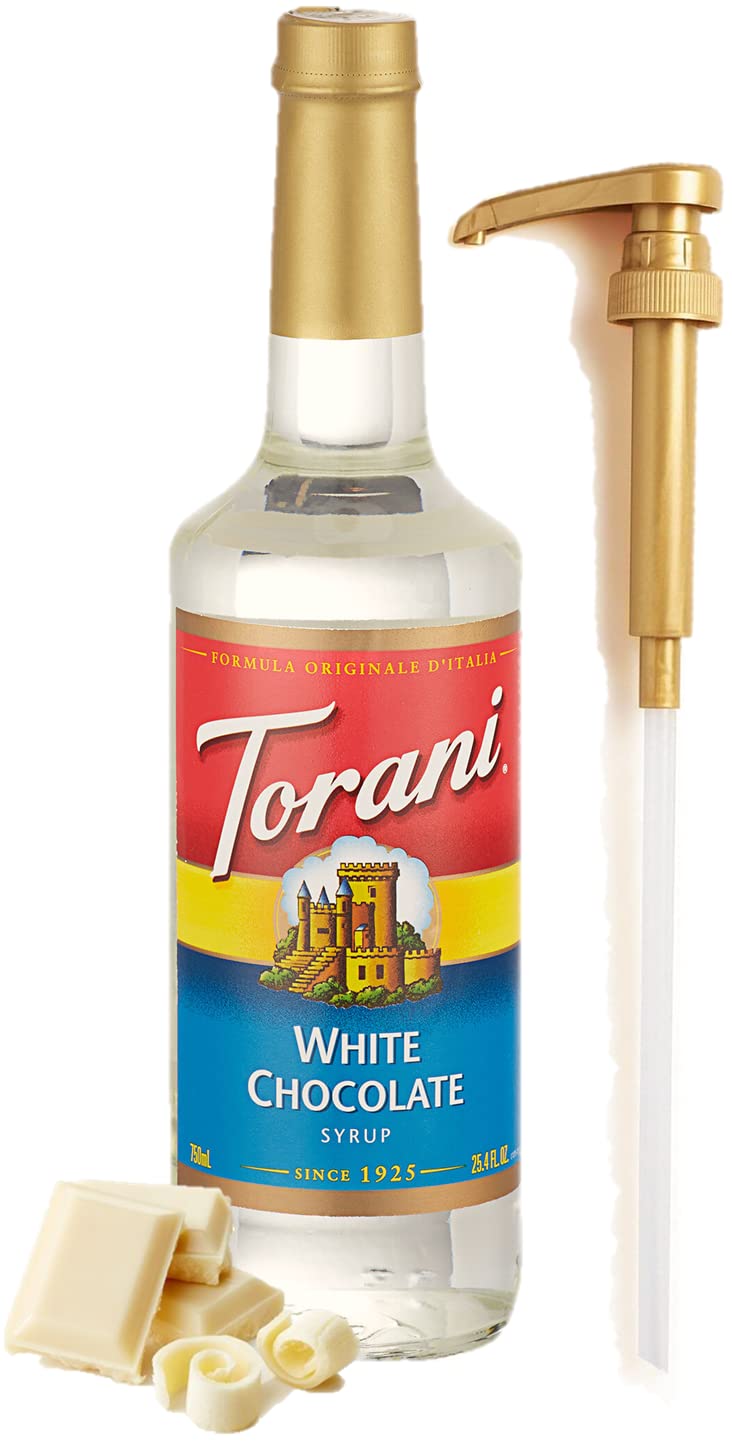 Torani White Chocolate Syrup for Coffee - 25.4oz Premium Coffee Syrup with Pump Dispenser - Perfect for Lattes, Iced Coffee & Dessert Toppings