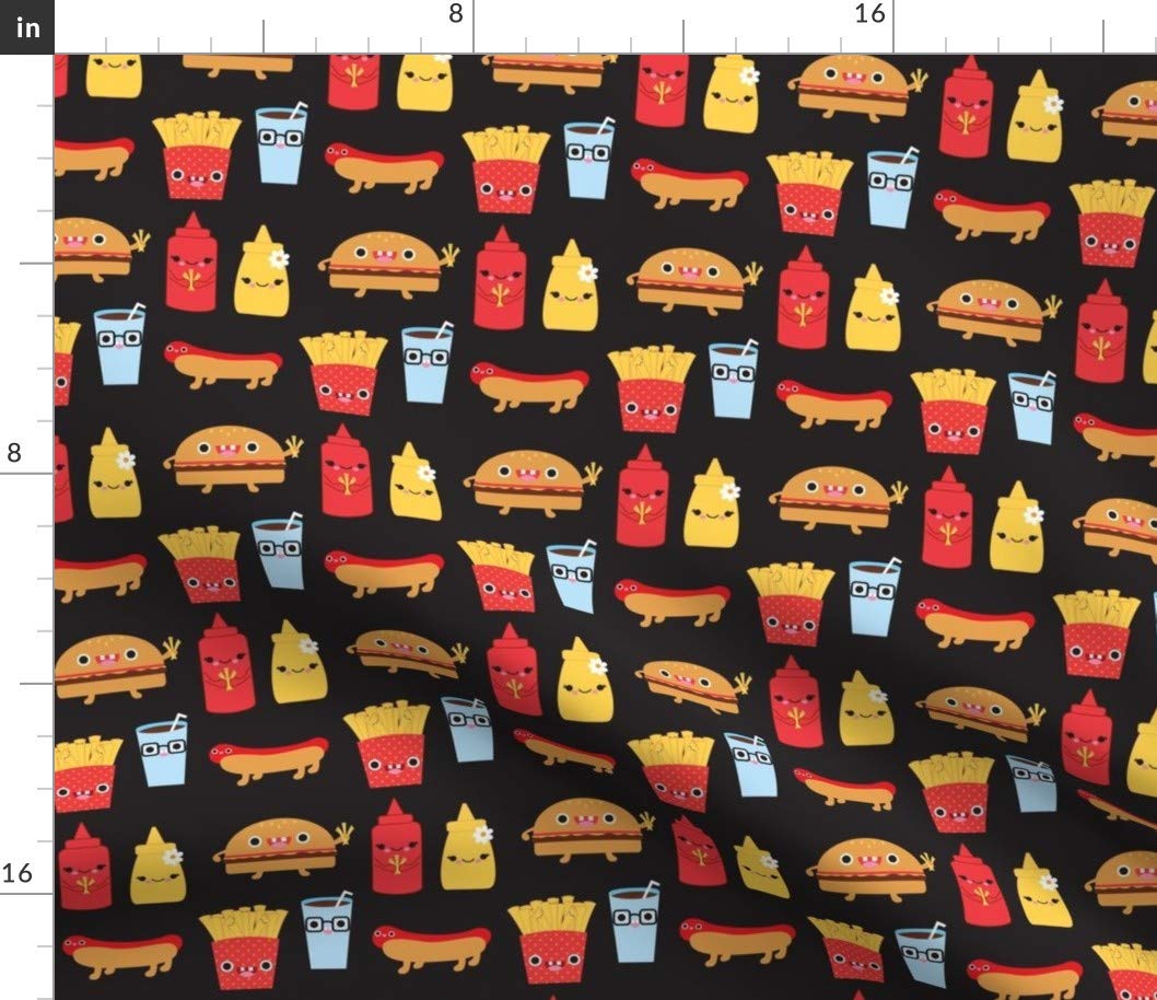 Cute Hamburger French Fries Food Soda Kawaii Faces Printed Cotton Fabric - Spoonflower Petal Signature Cotton Fat Quarter for Sewing, Quilting, Apparel & Crafts - Perfect for DIY Home Decor, Baby Clothes & Kawaii Fashion Accessories