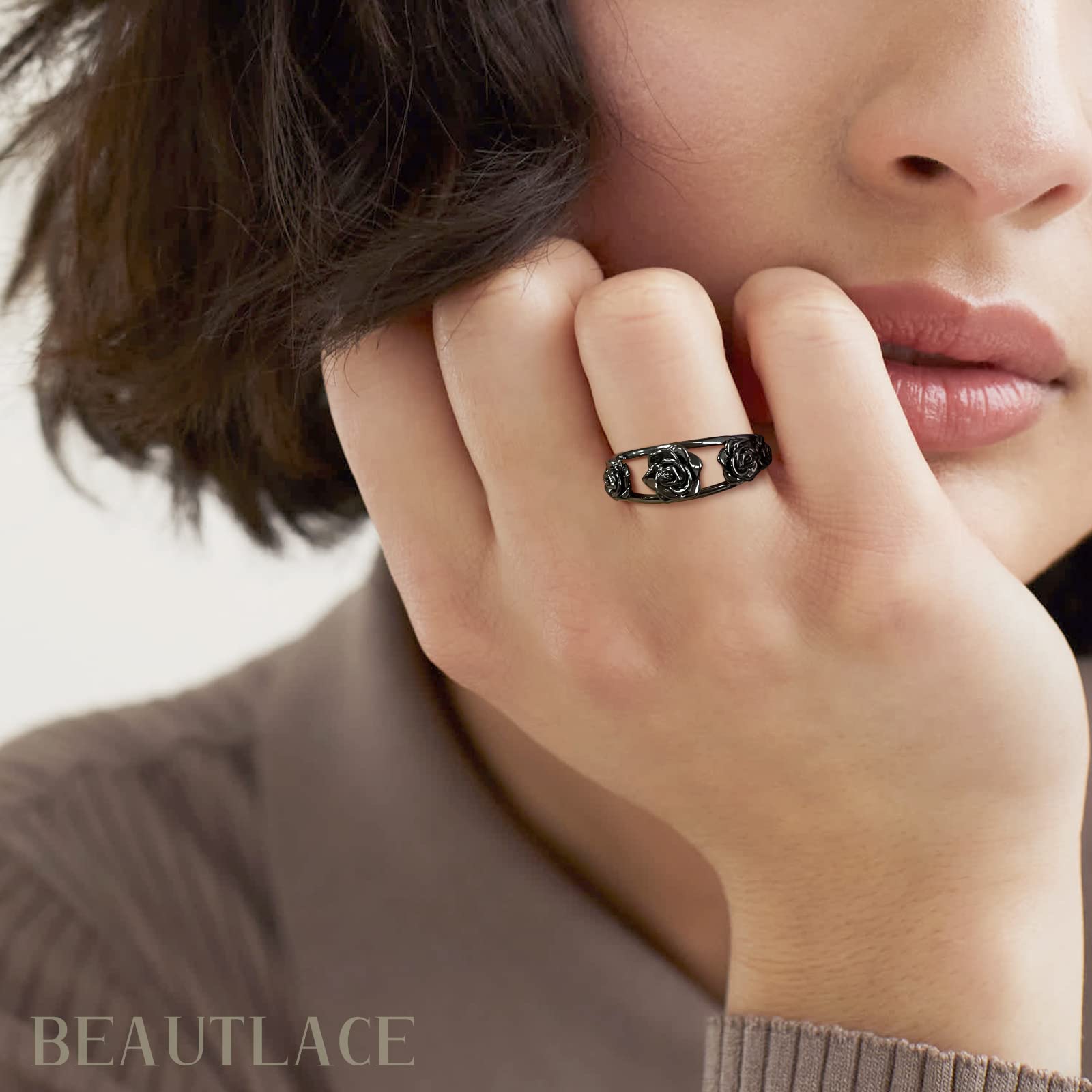 Beautlace Adjustable Rose Flower Ring - Silver & Black Gun Plated Open Ring for Women | Elegant Wedding, Engagement Jewelry Gift | Perfect for Valentine's Day, Anniversary & Romantic Occasions