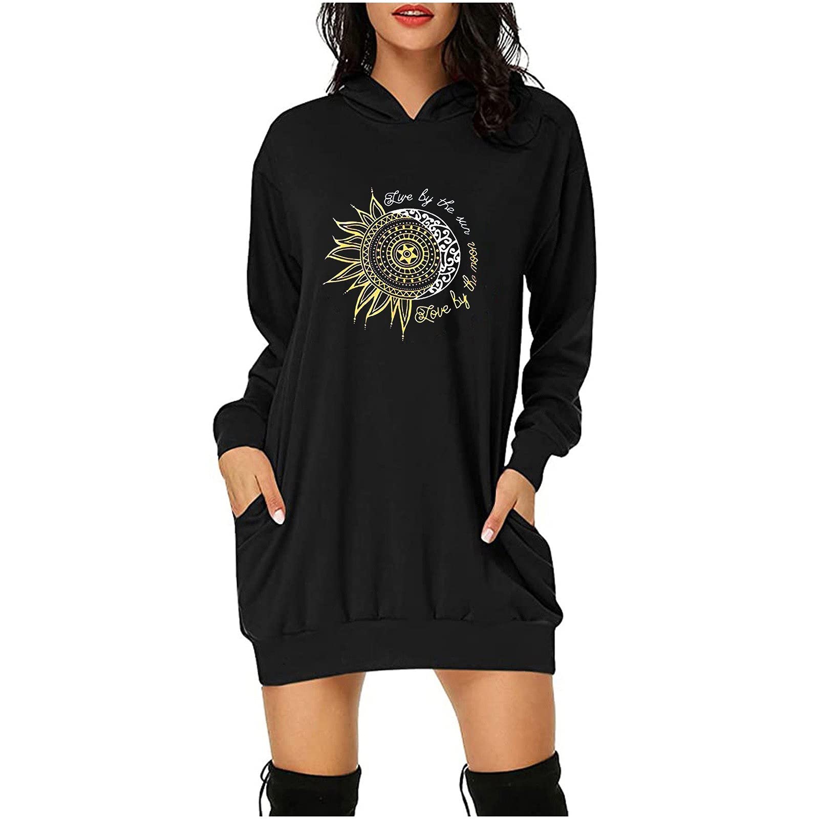 Women's Long Hooded Dresses with Sun Print & Buttocks Pockets - Fashionable & Comfortable Fall Dresses for Casual Outings, Beach Walks, and Autumn Travel
