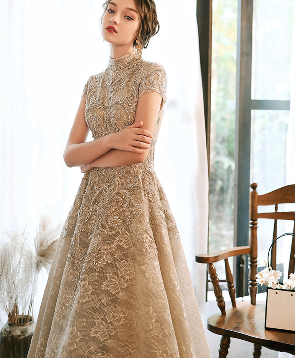 Elegant Champagne High Neck Lace Prom Dress for Women - Formal Evening Gown for Homecoming, Wedding, and Special Occasions