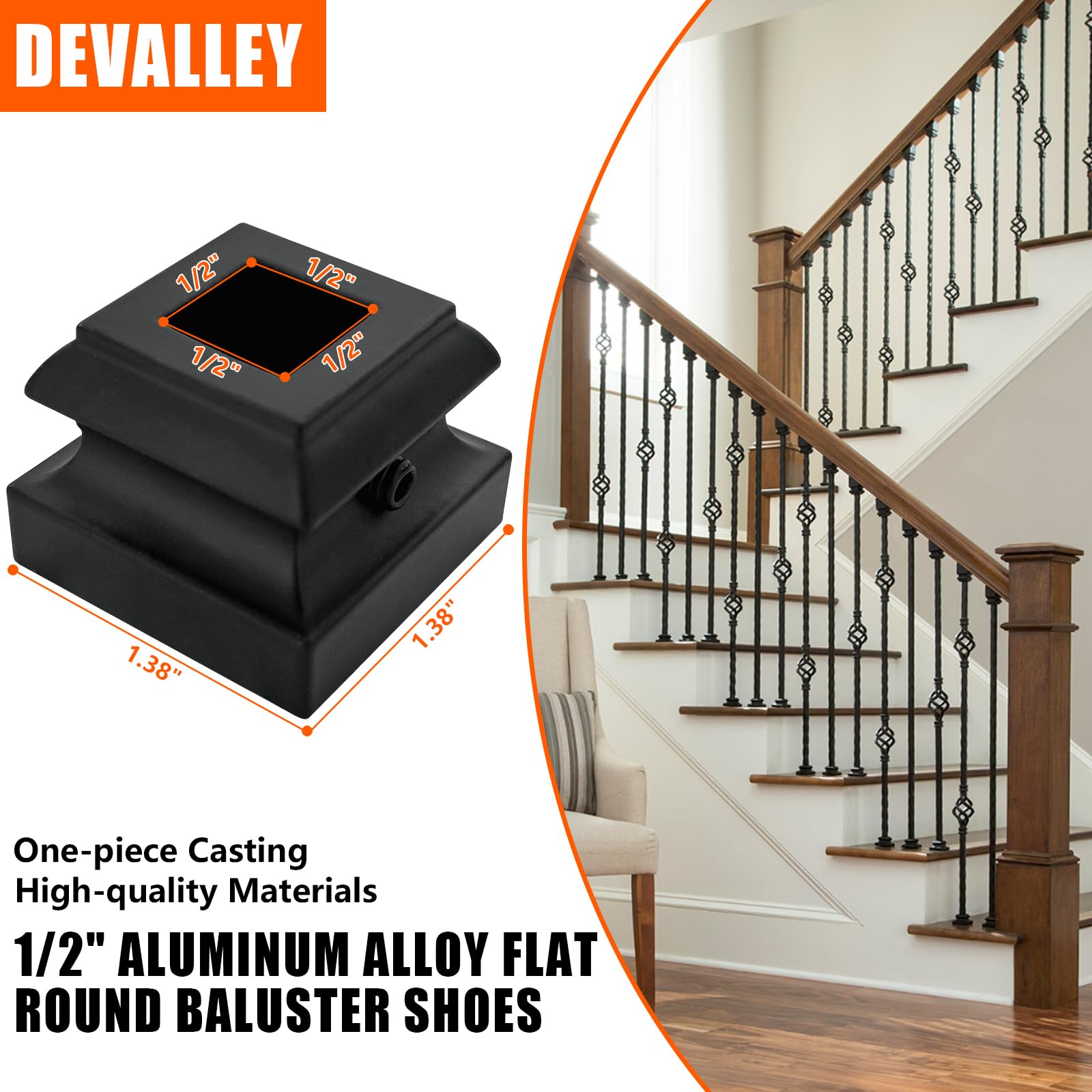 10-Pack Satin Black Wrought Iron Baluster Shoes - 1/2 Inch Square Aluminum Alloy Staircase Leveling Shims for Interior Railings | Perfect for Home Stair Renovation & DIY Handrail Installation