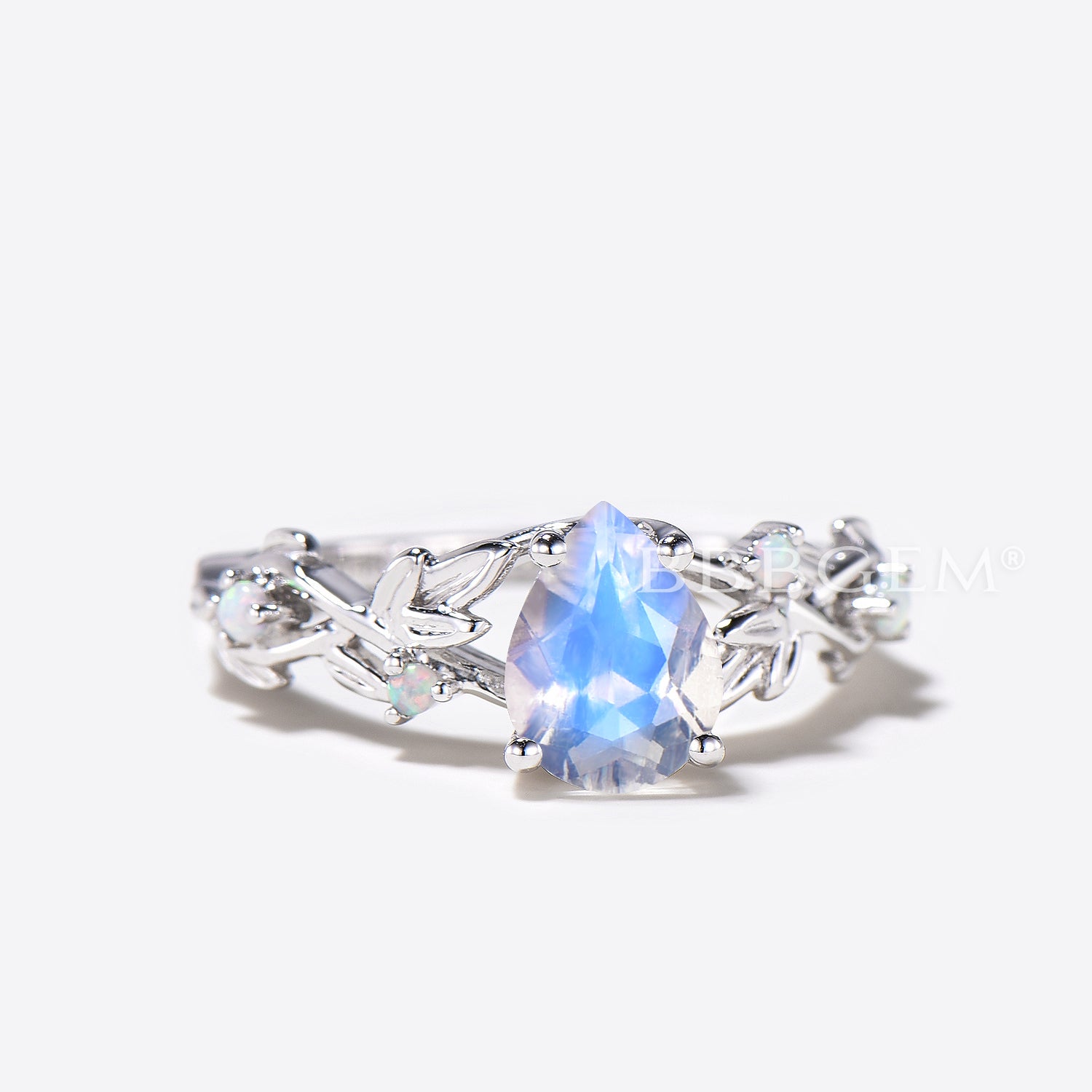 Nature Inspired Pear Moonstone Ring with Branch Leaf Design - Elegant Opal Engagement Ring for Women | Perfect for Weddings, Anniversaries & Special Occasions