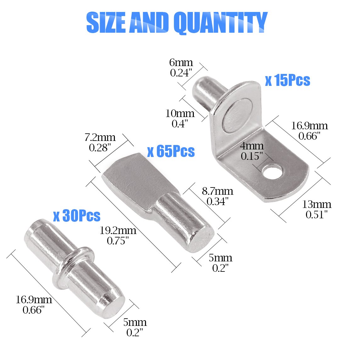 Glarks 110-Pieces Nickel Plated Shelf Bracket Pegs - Heavy Duty Cabinet & Furniture Shelf Pins Support Kit (3 Styles, Silver) - Perfect for Kitchen Cabinets, Bookshelves & DIY Storage Solutions