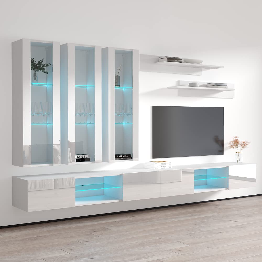 Modern Floating TV Stand with Storage & LED Lights - Wall-Mounted Entertainment Center for Bedroom & Living Room - White E3 33TV Console with Shelves - Perfect for Small Spaces & Home Theater Setup