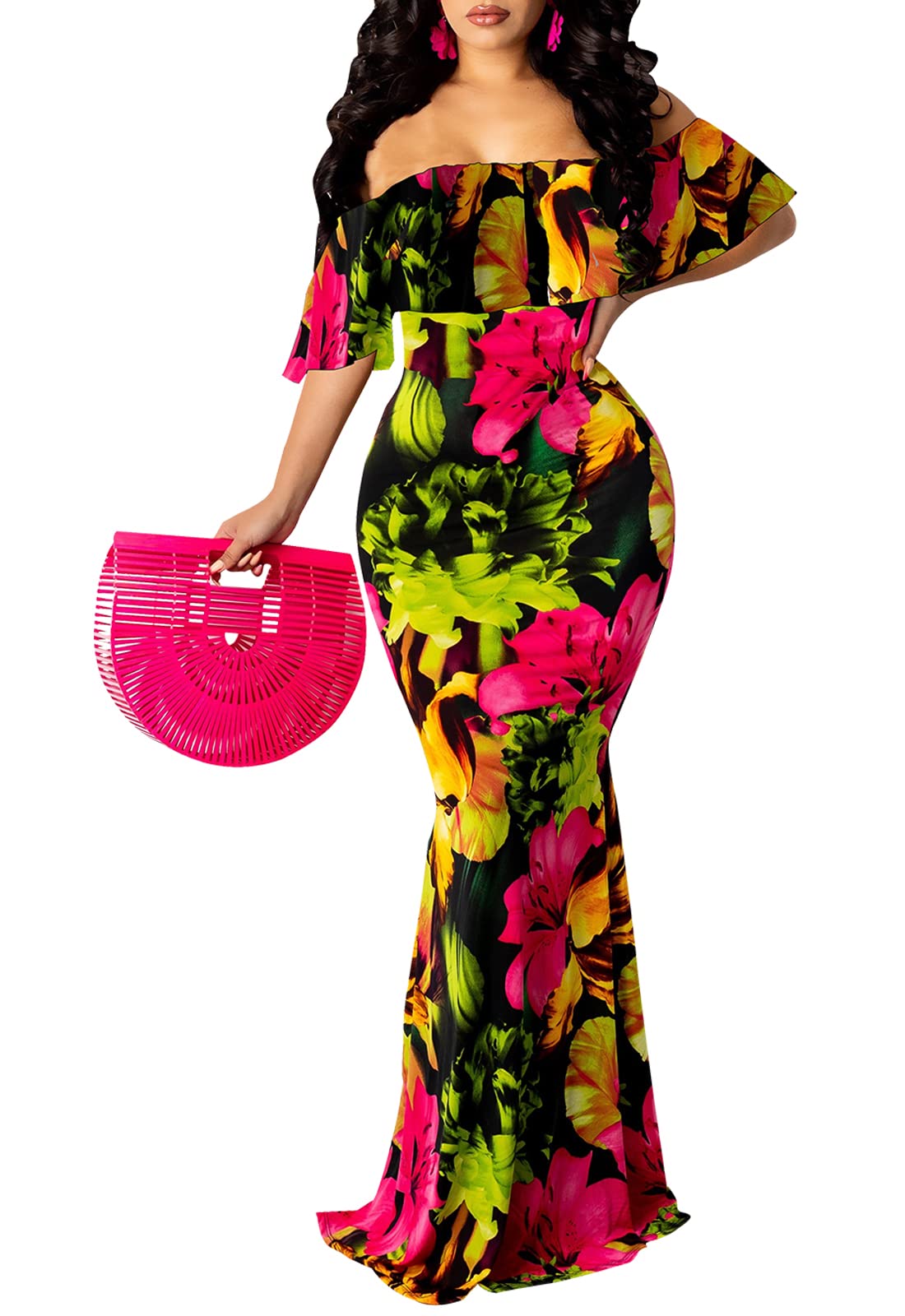 Sexy Floral Off Shoulder Maxi Dress for Women - Summer Ruffle Long Evening Party Dress - Perfect for Beach Vacations, Date Nights & Special Occasions