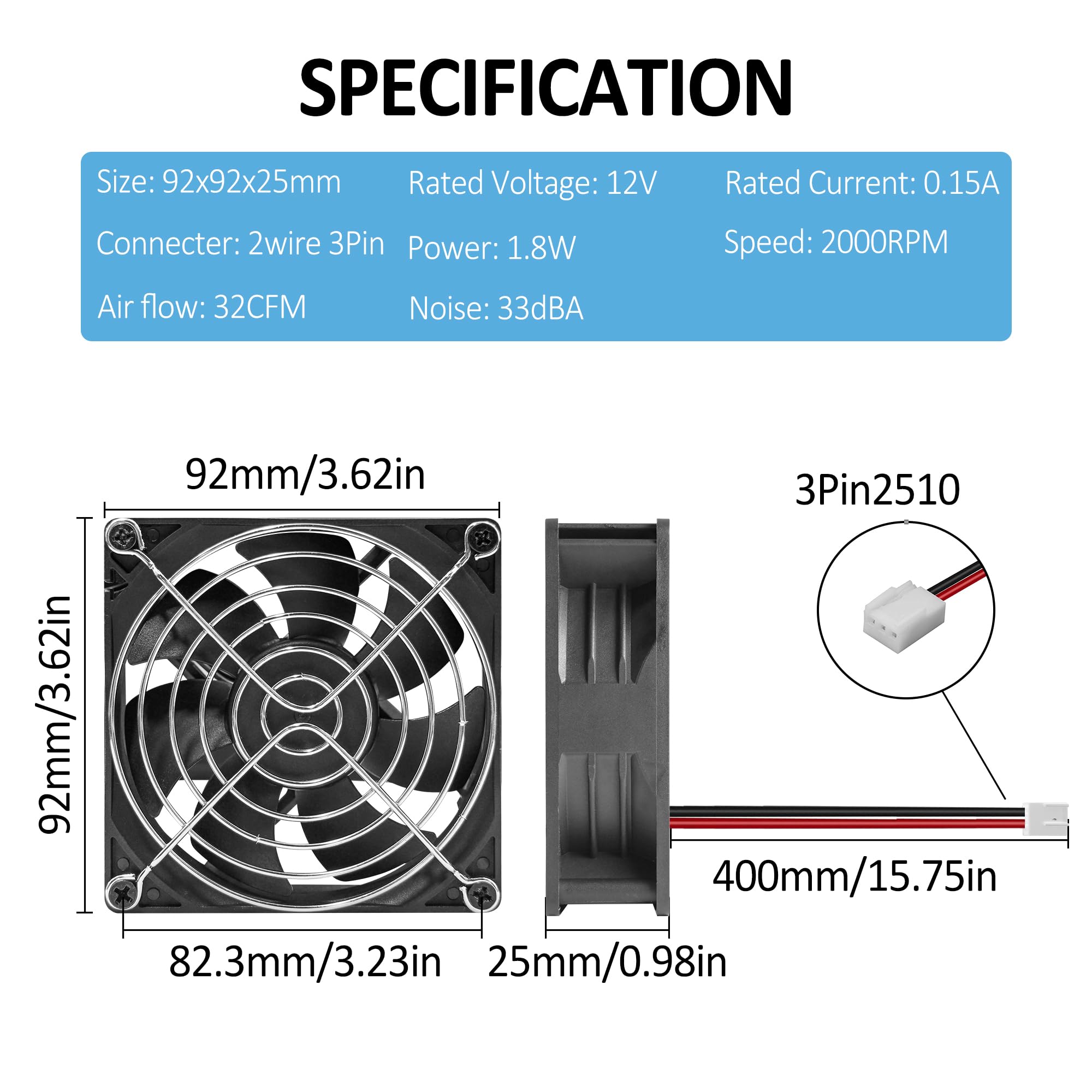 2 Pack 90mm 92mm 12V DC Computer PC Cooling Fan - 2 Wire 3pin High Speed 2000RPM Case Fan for Desktop, CPU, Gaming PC - Perfect for PC Builds, Case Cooling & System Upgrades