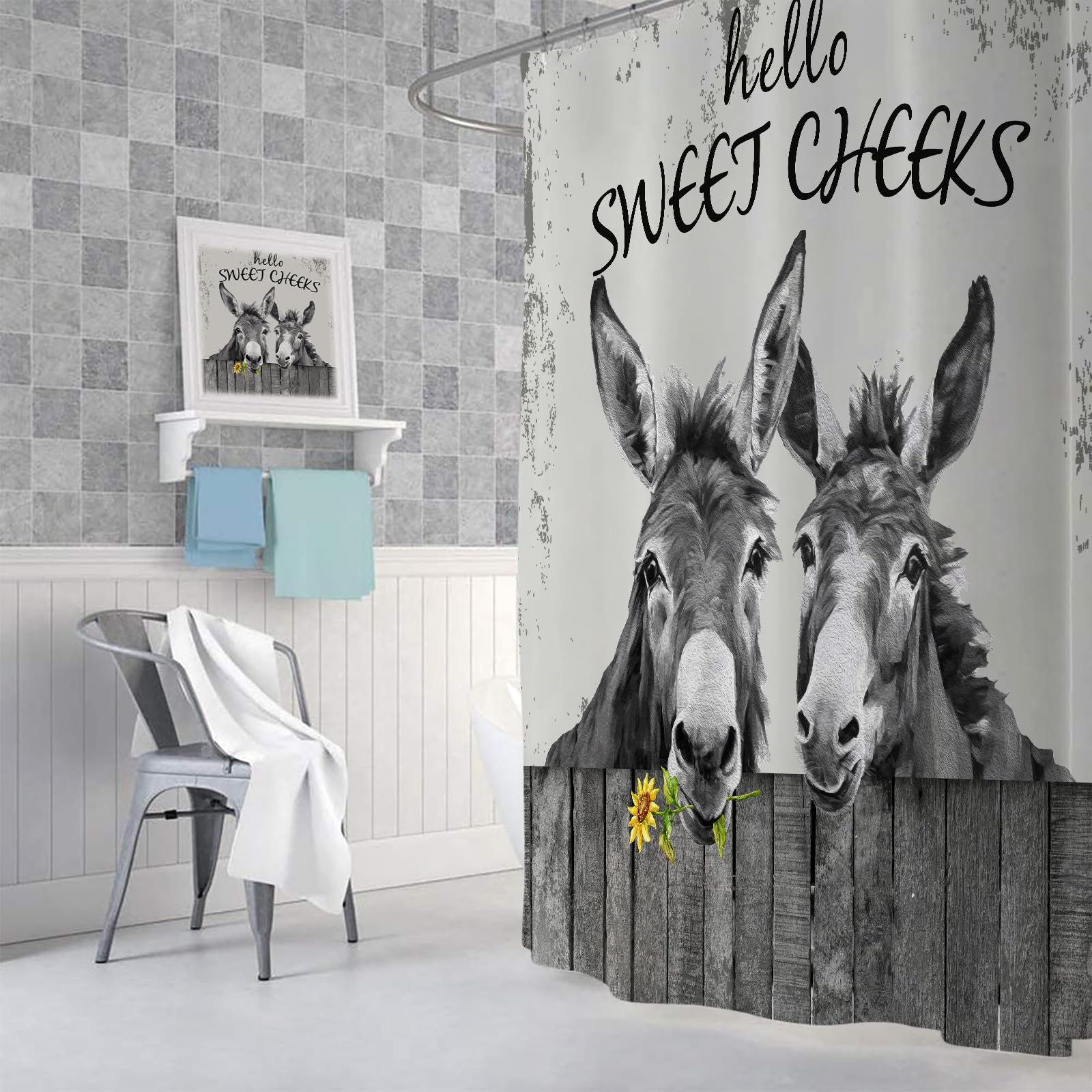 Funny Donkey Shower Curtain Set - Black & White Farm Animal Bathroom Decor with Rustic Grey Wood Design, 72x72 Inches, Includes Hooks - Perfect for Farmhouse, Country Style Bathrooms & Kids' Bathroom Themes