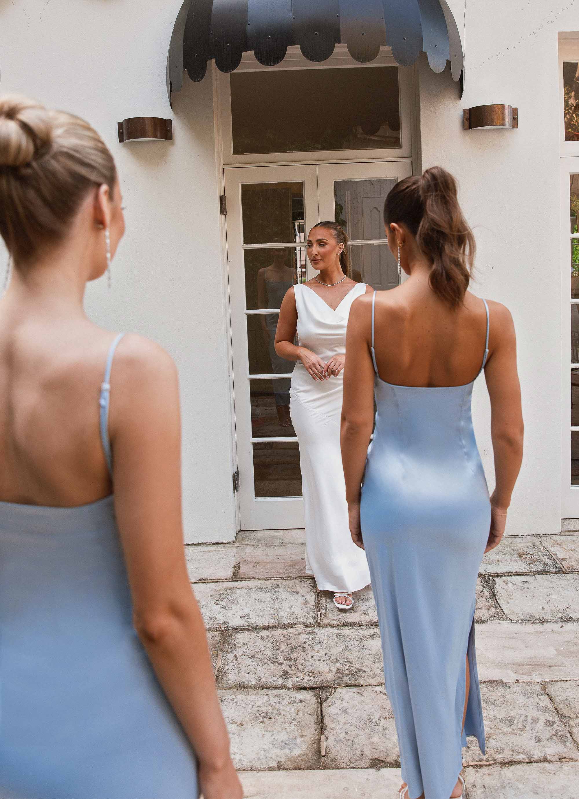 Elegant Satin Maxi Dress in Ice Blue | Flowy Long Formal Gown for Women | Perfect for Weddings, Parties & Evening Events