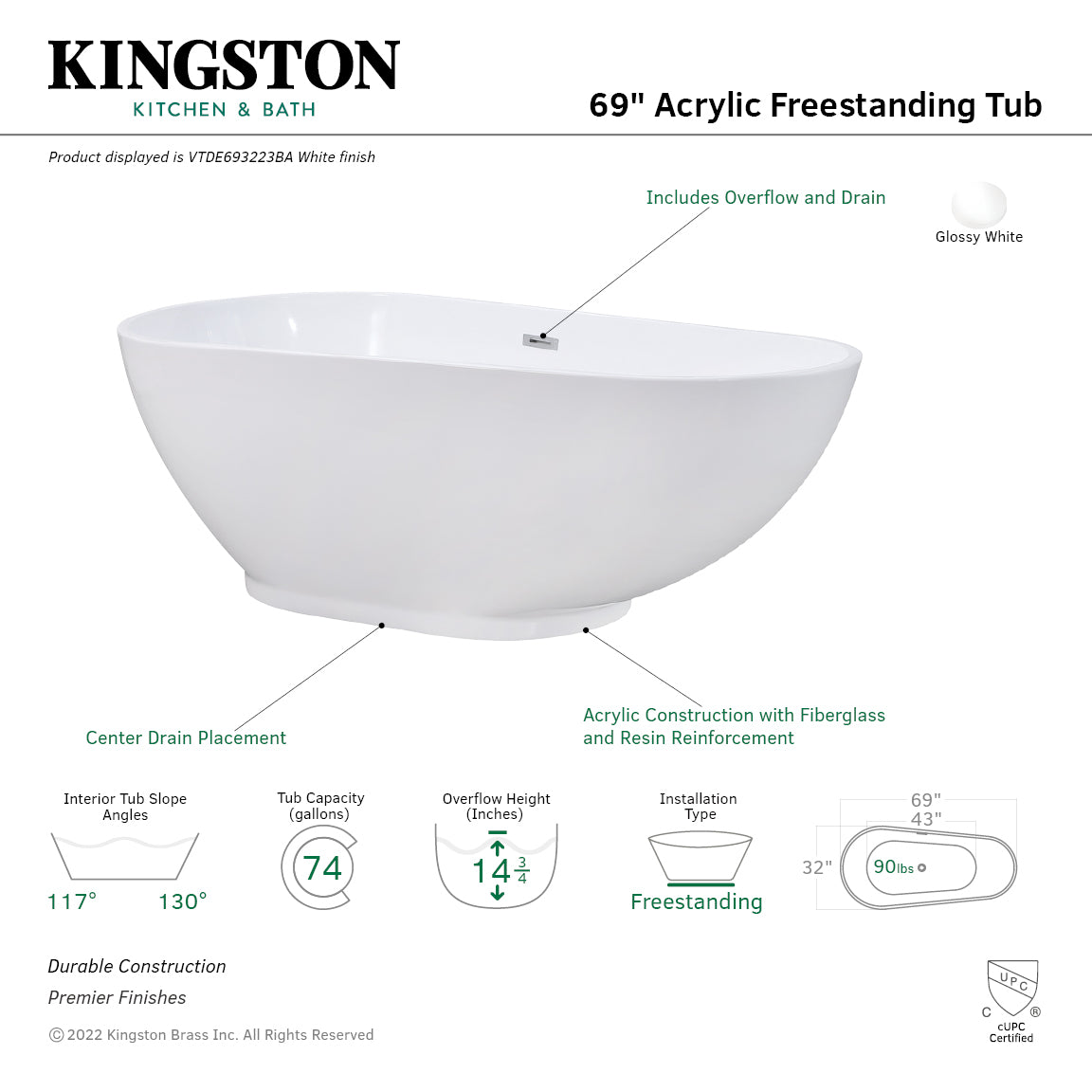 Aqua Eden 69 Inch Acrylic Oval Freestanding Bathtub - Glossy White Double Ended Soaking Tub with Drain | Luxury Bathroom Upgrade for Spa-Like Relaxation at Home