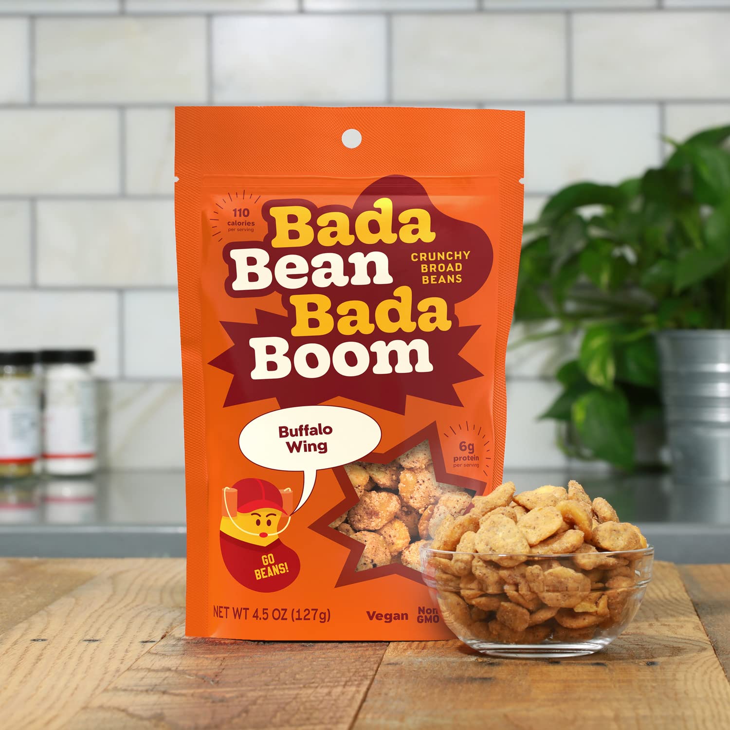 Bada Bean Bada Boom Crunchy Roasted Broad Bean Snacks - High Protein Vegan Gluten-Free Fava Beans, 110 Calorie Packs, Buffalo Wing Flavor, 4.5oz (Pack of 6) - Perfect Healthy Snack for Office, Travel & Keto Diet