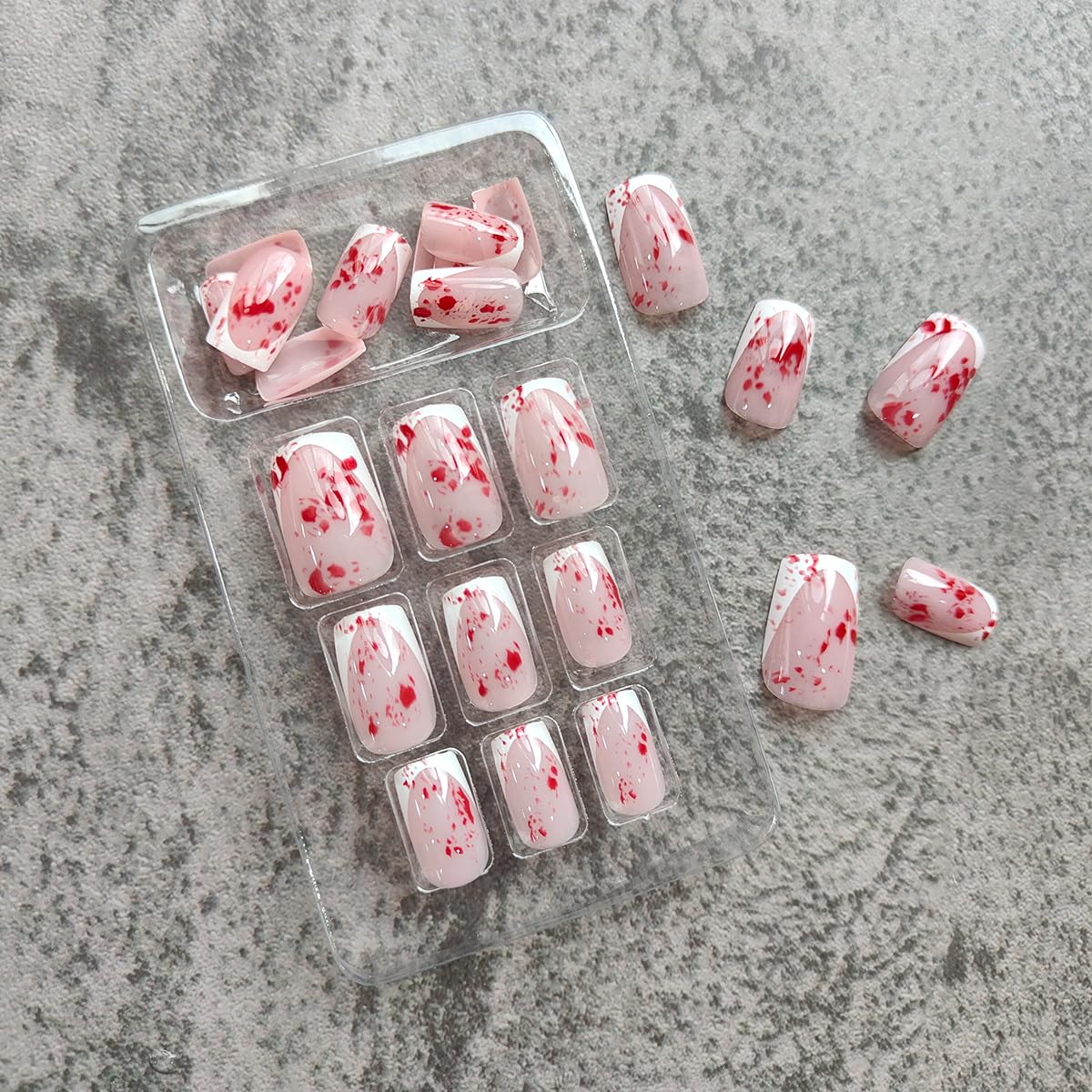 24pcs Horror Gothic Press on Nails - Short Square French Tip Fake Nails with Bleeding Acrylic Designs for Halloween | Full Cover Glue on Nails for Women | Perfect for Costume Parties, Cosplay & Spooky Events