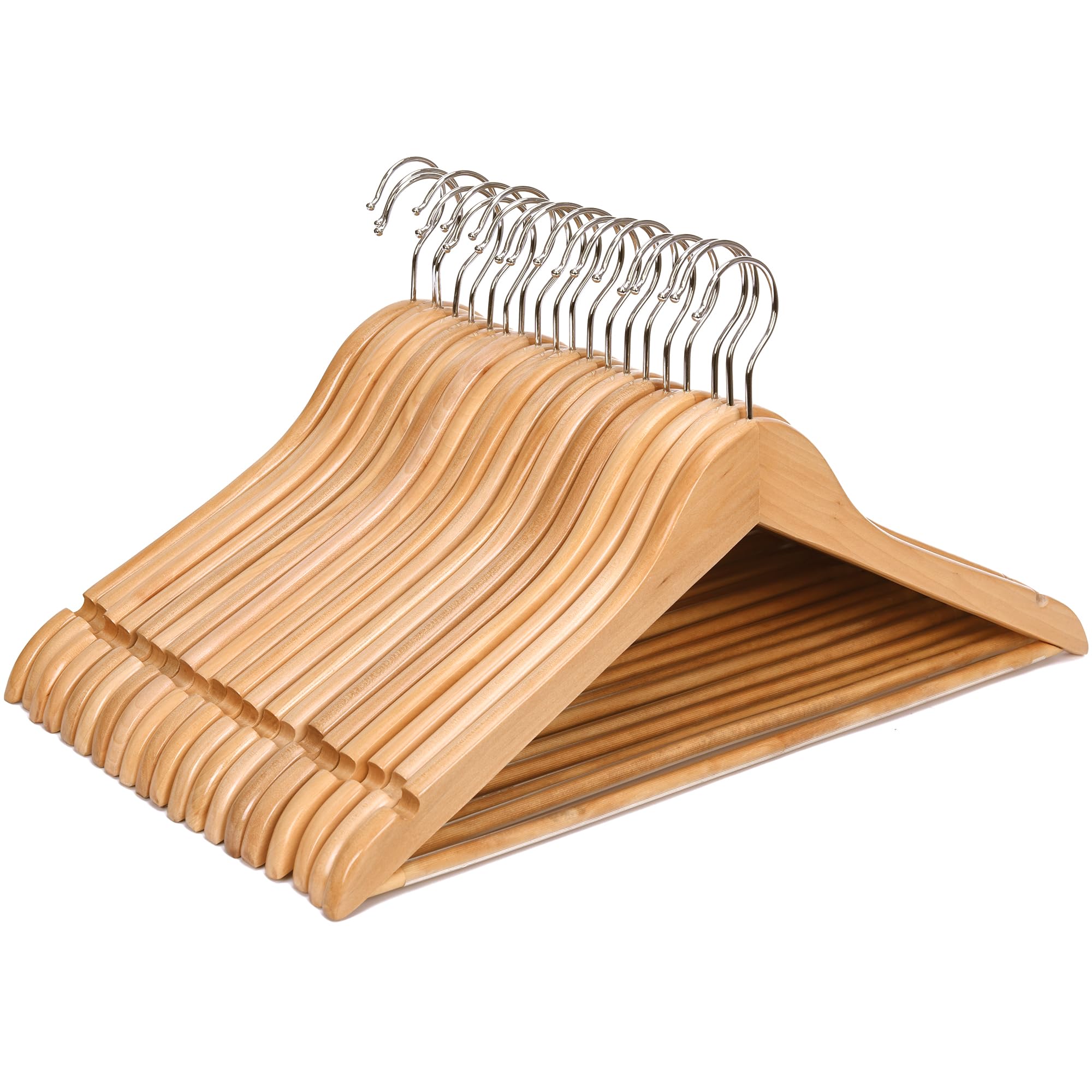 Premium 20-Pack 17.5 Inch Wooden Coat Hangers with Non-Slip Pant Bar - Smooth Splinter-Free Natural Finish for Closet, Suits, Dresses & Home Organization