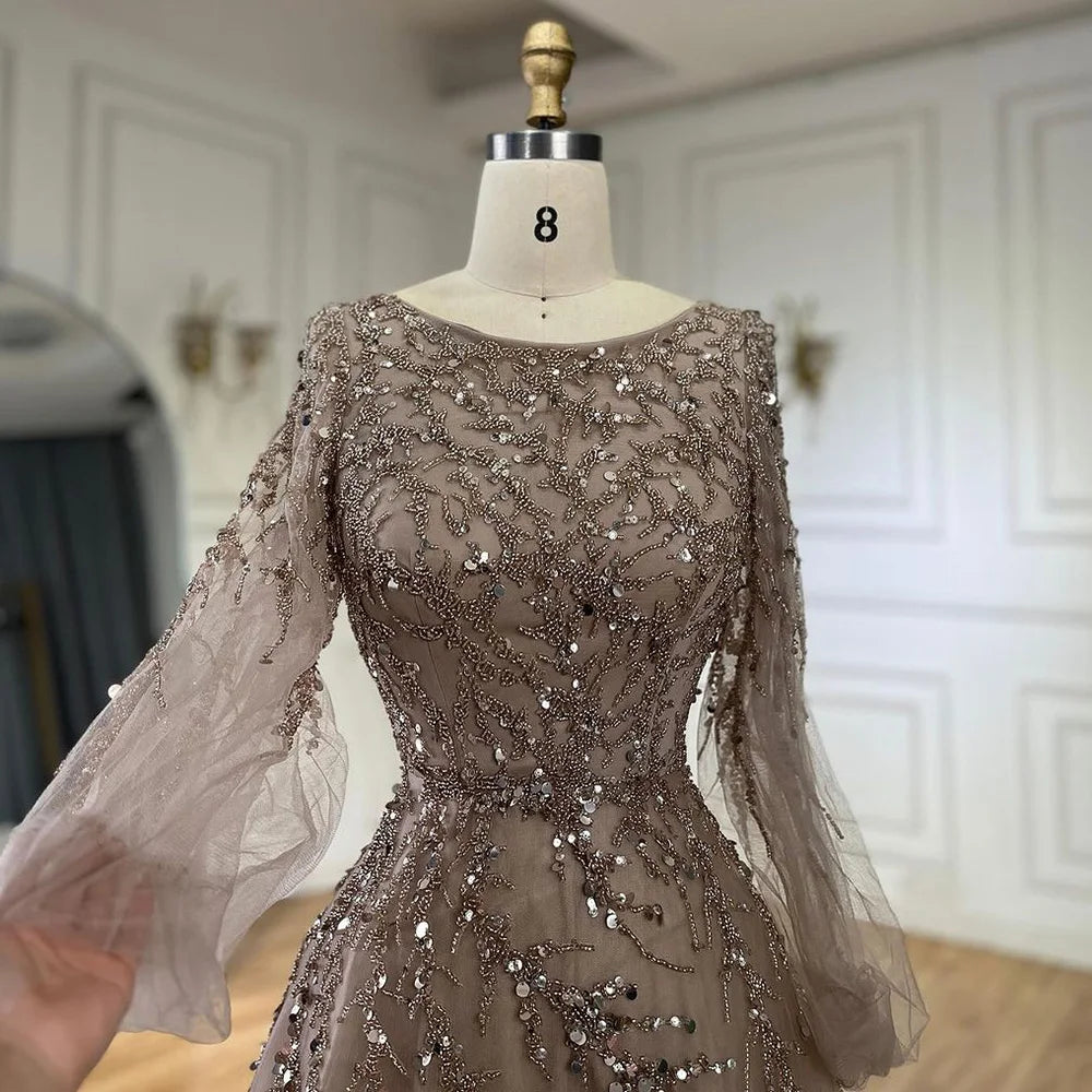 Luxury Muslim Caramel A-Line Beaded Dubai Evening Gown for Women - Elegant Long Dress for Weddings, Parties & Special Occasions - Serene Hill LA71653A - Perfect for Formal Events, Galas & Evening Celebrations