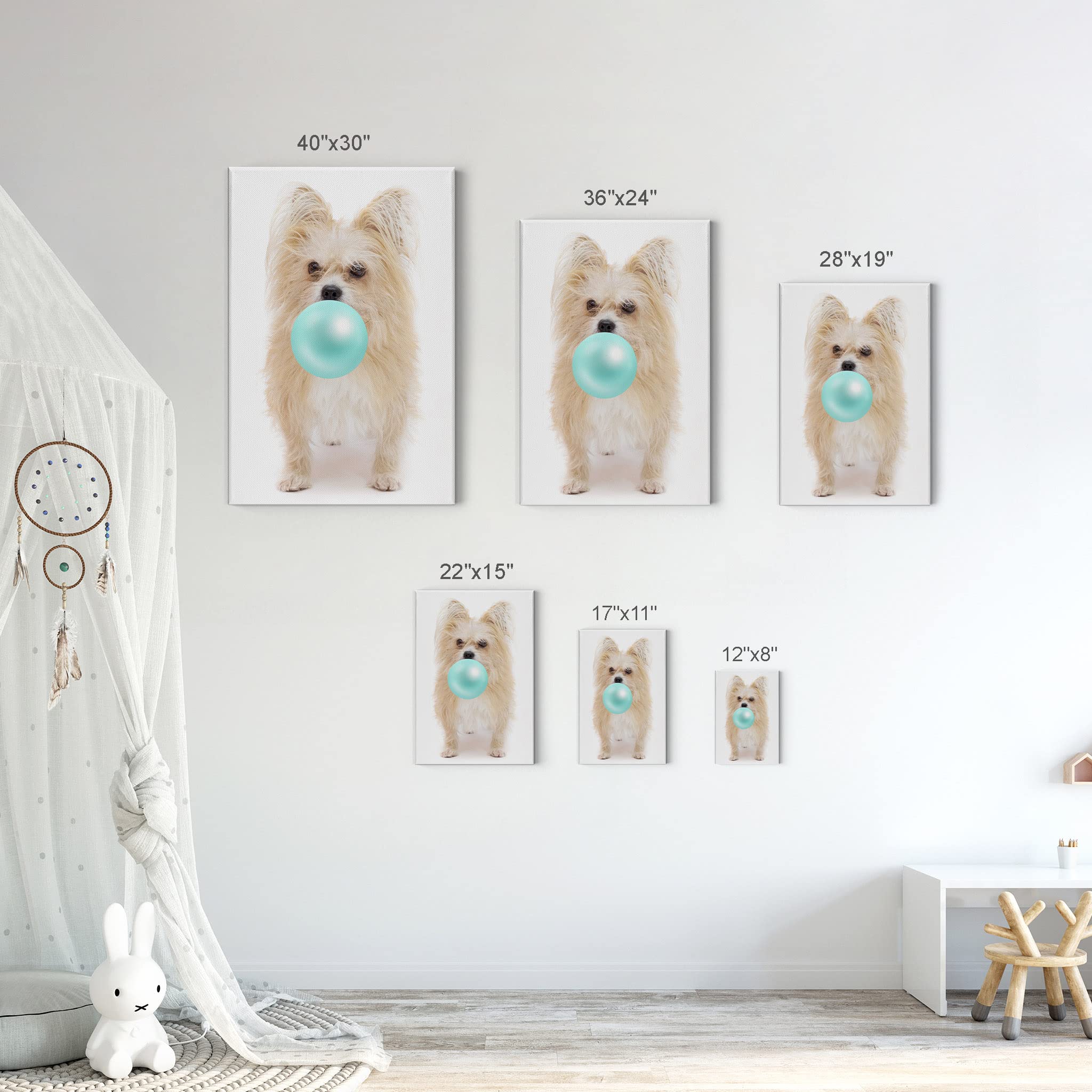 Cute Yorkshire Terrier Dog Bubble Gum Pop Art Canvas Print - Teal Blue Animal Wall Decor for Kids Room, Nursery & Home - Ready to Hang 22x15 Inch - Made in USA | Perfect for Pet Lovers' Gift & Modern Interior Design