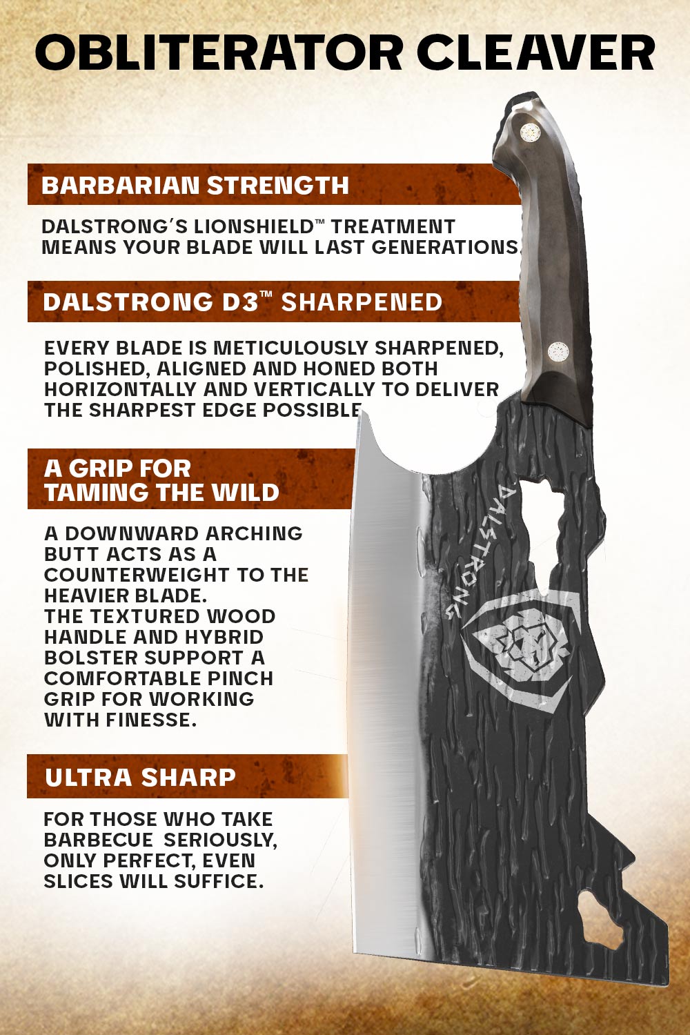 Dalstrong Obliterator Cleaver Knife - Premium Barbarian Series with Acacia Wood Stand - Perfect for Butchering, Meat Processing & Outdoor Cooking