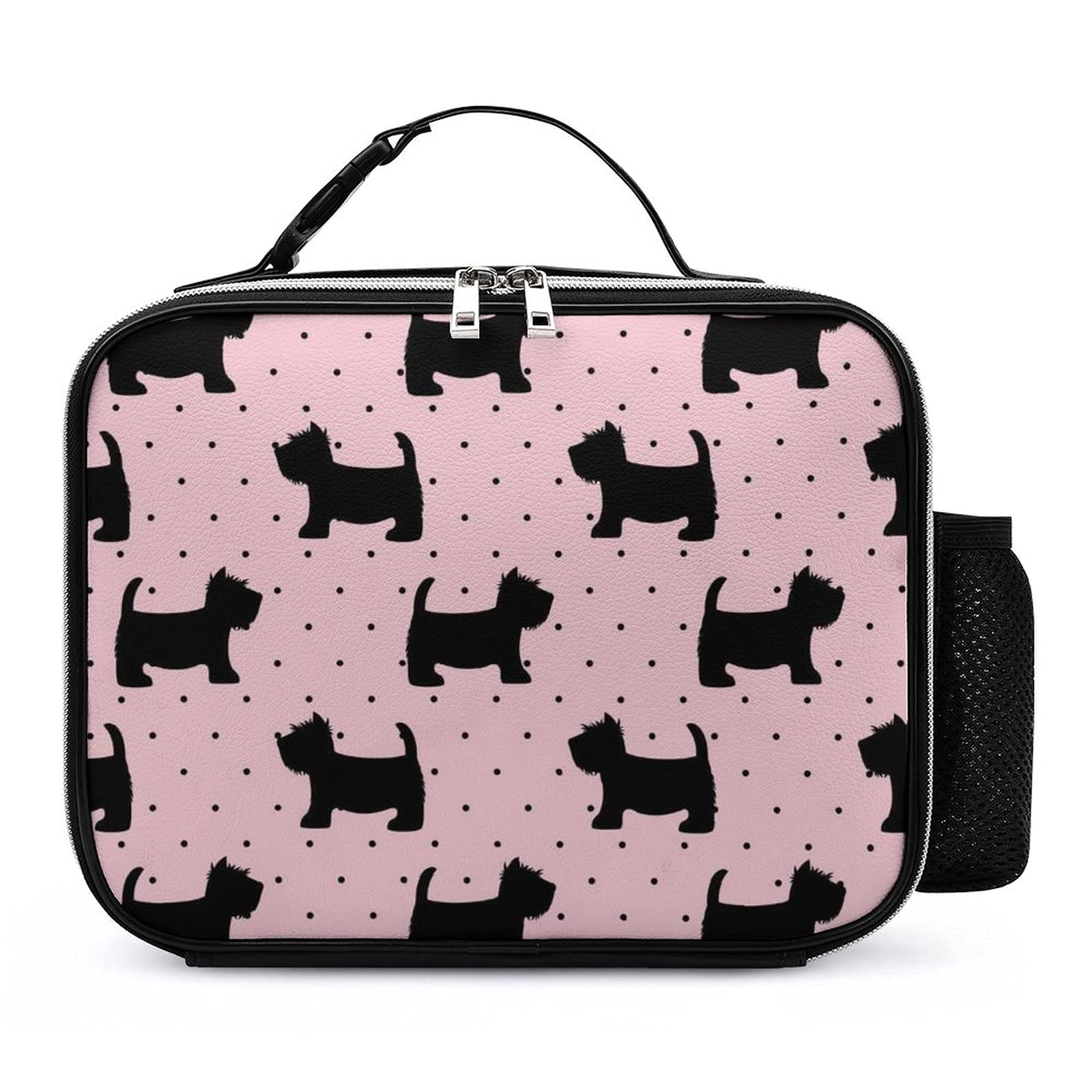 Leak Proof Portable Lunch Bag for Men & Women - Cute Scottish Terrier Dog Design with Pink Polka Dots - Insulated Picnic Work Lunch Tote Box 10.6x8.3x3.5 Inches - Perfect for Office, School, Hiking & Outdoor Activities