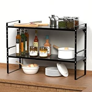 Expandable Cabinet Shelf Organizer - Stackable Kitchen Pantry Storage Rack, Adjustable Closet & Cupboard Stand with 80LBS Capacity - Perfect for Spice Organization & Small Space Storage (Black, 1 Pack) - Ideal for Kitchen Counter, Pantry Shelving & Bathroom Organization