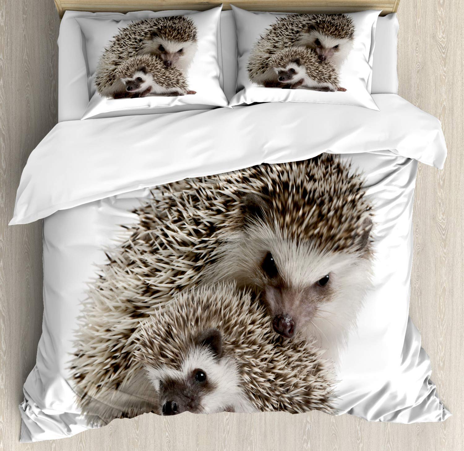 Ambesonne Hedgehog Duvet Cover Set - 2 Pack King Size Brown Ivory Bedding with 4 Pillowcases, African Pygmy Hedgehog Photography Design for Mother & Family Theme - Perfect for Cozy Bedroom Decor, Guest Room Makeover, and Unique Gift Idea