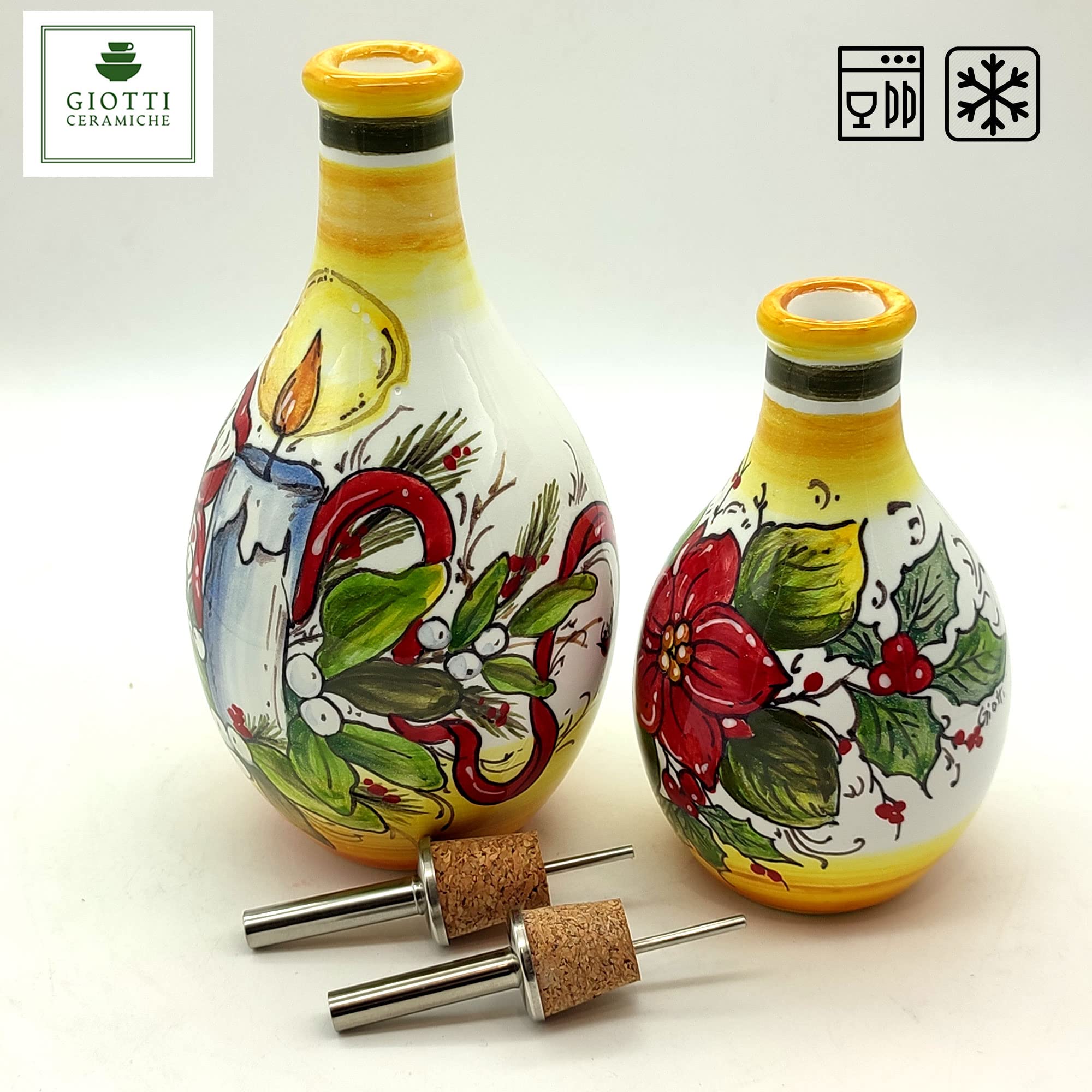 Italian Hand-Painted Ceramic Oil and Vinegar Dispenser Set - Tuscan Christmas Design Kitchen Decor - Made in Italy - Perfect for Gifting & Holiday Dining