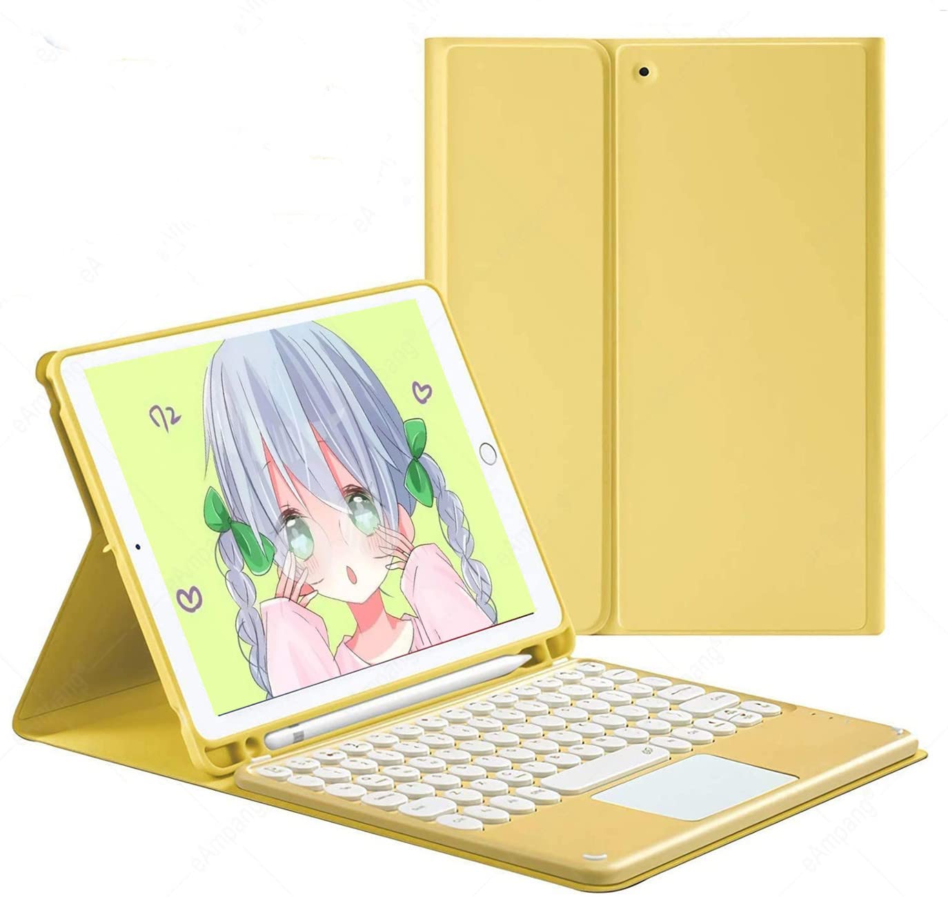 Magnetic Detachable Keyboard Case for iPad 9th/8th/7th Generation & Air 3/Pro 10.5 - Round Keys with Touchpad & Apple Pencil Holder | Yellow Protective Cover for Work, Study & Travel