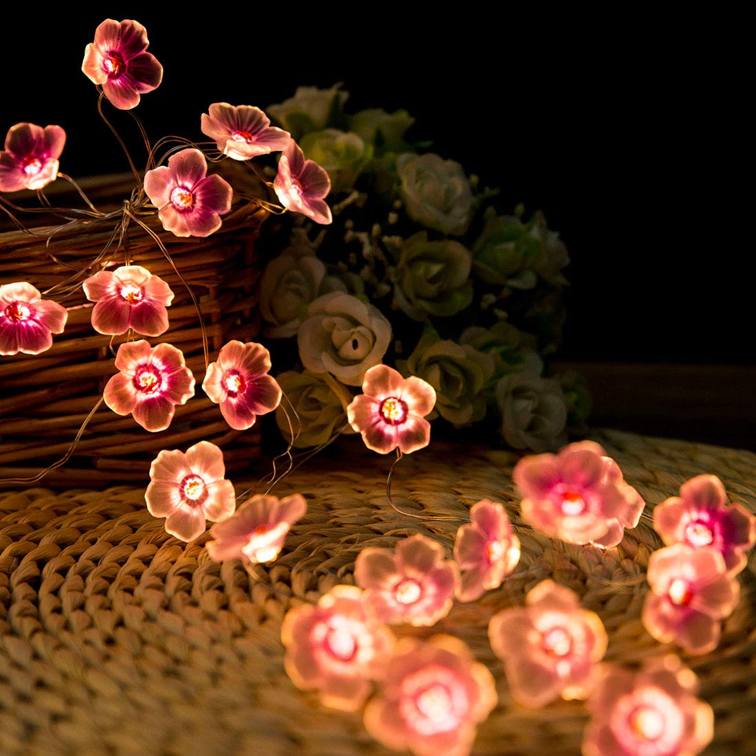 Pink Cherry Blossom Fairy String Lights - 10ft 30 LED Battery Operated Flower Lights for Bedroom, Garden, Wedding & Party Decor | Indoor Outdoor Christmas, Spring & Kids Room Decoration | Romantic Ambiance Lighting for Special Occasions